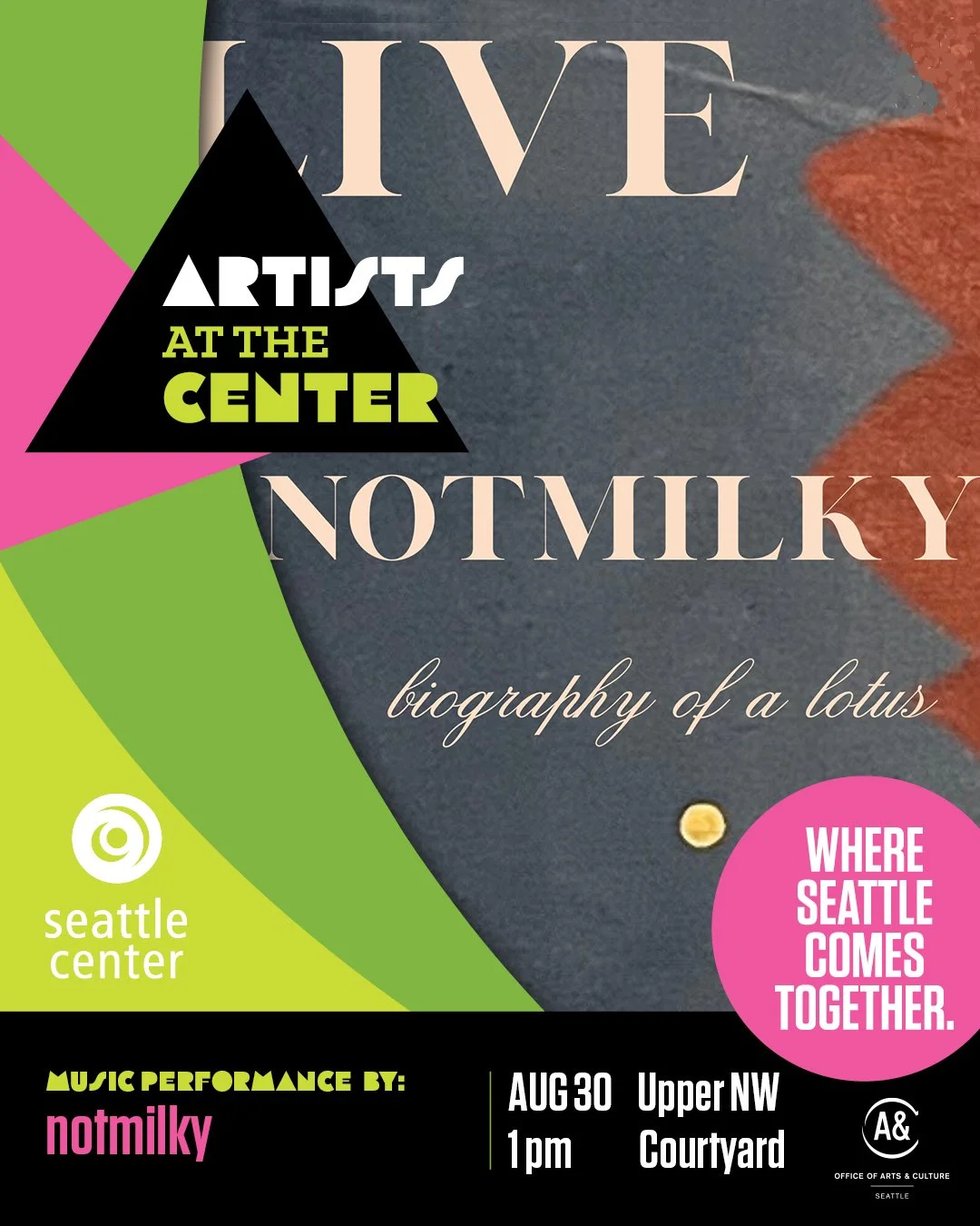 On Sunday, #ArtistsAtTheCenter presents a free performance by notmilky!⁠
⁠
Aug 30, 1pm, Upper Northwest Courtyard⁠ at Seattle Center.
⁠
Experience notmilky&rsquo;s 'biography of a lotus'.⁠
Through her expressions, notmilky explores the tumultuous lif