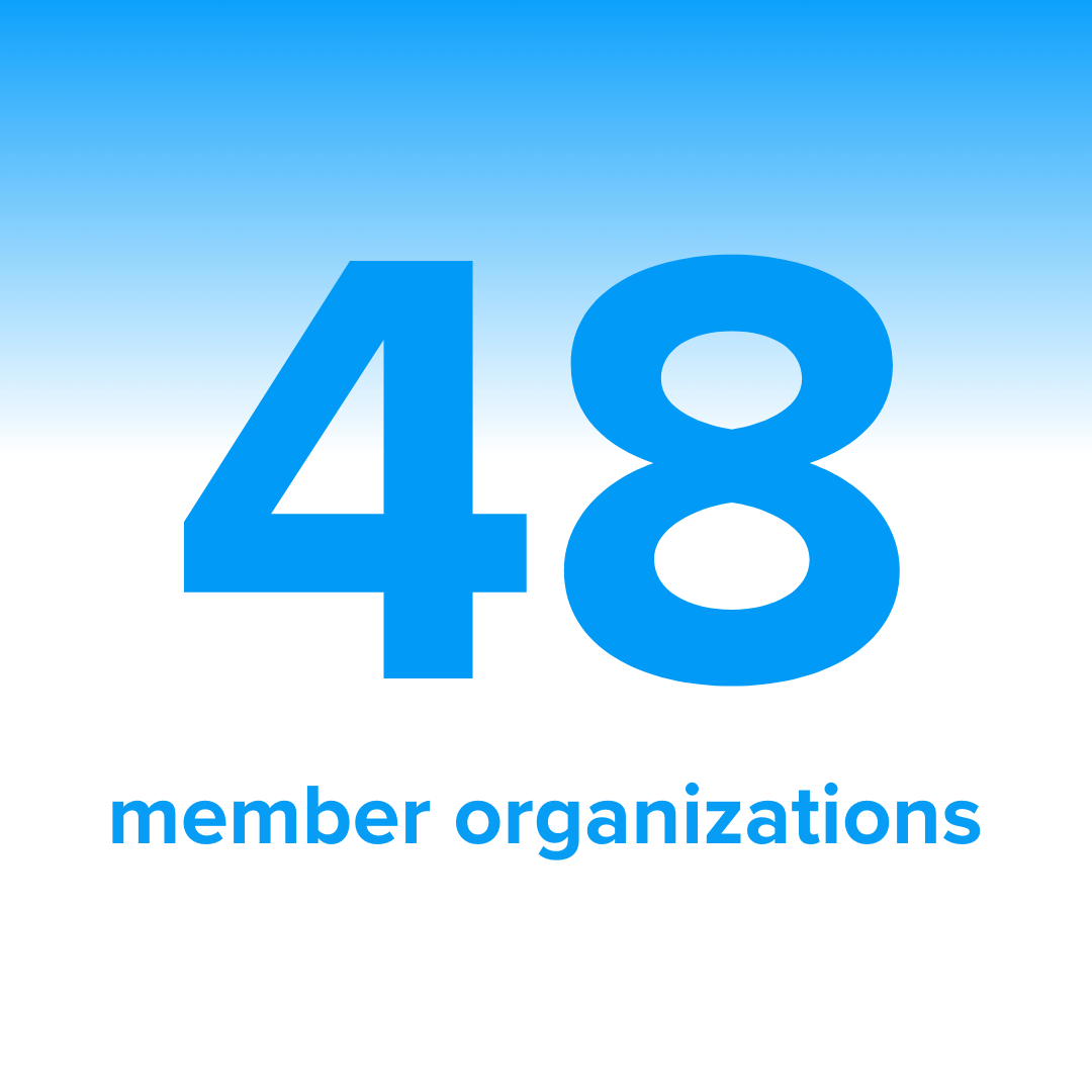 Blue and white gradient background with the following text: 48 member organizations