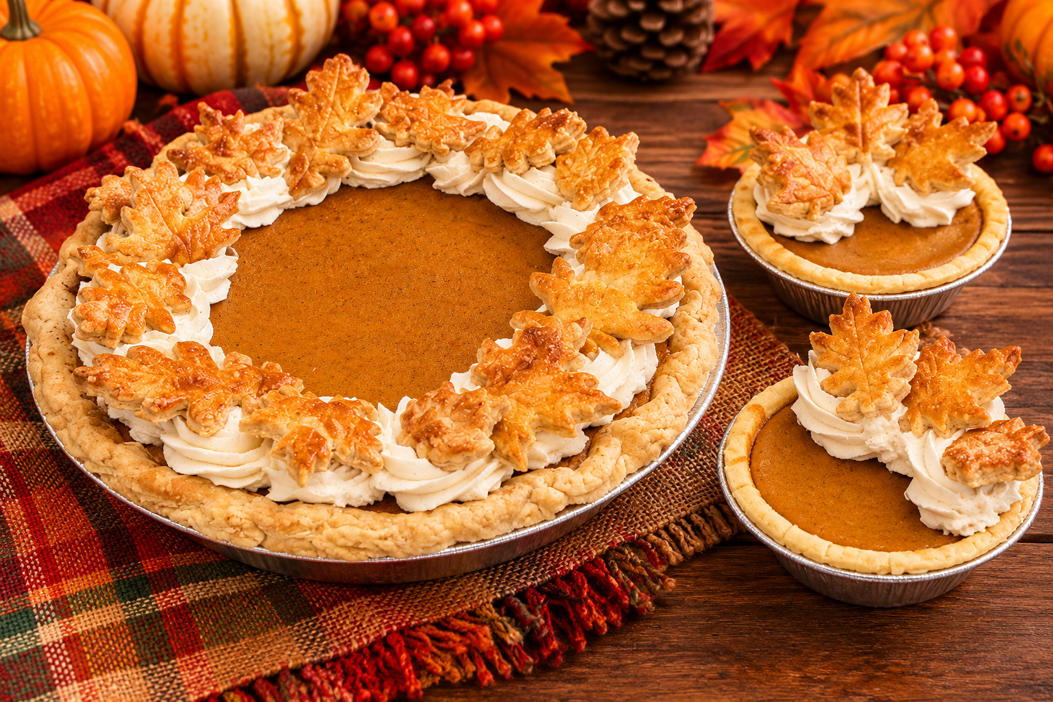 Pumpkin Pie & Individual Pumpkin Pies
Make room for a Thanksgiving classic with our pumpkin pies. Choose a full-size pie for your family dinner or individual pumpkin pies for personal servings, smaller gatherings and holiday entertaining.