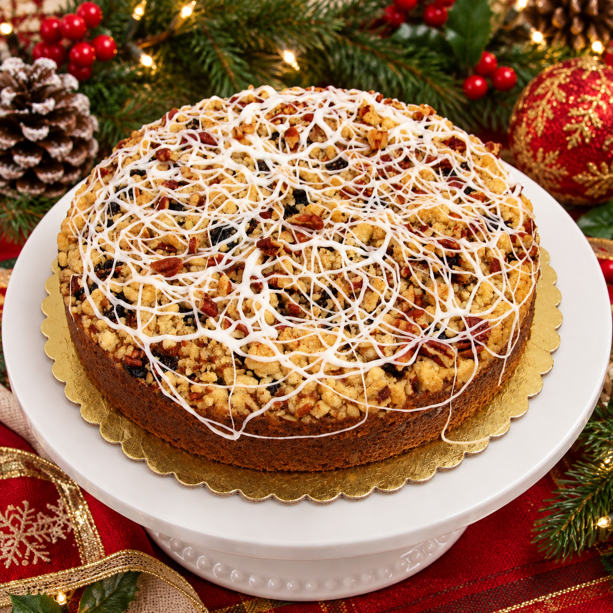 Cranberry Walnut Spice Coffee Cake
Celebrate Thanksgiving with our spice cake featuring cranberries and walnuts, finished with a delicate drizzle of glaze. The warm spices, tart cranberries and crunchy walnuts create a flavorful seasonal dessert for 