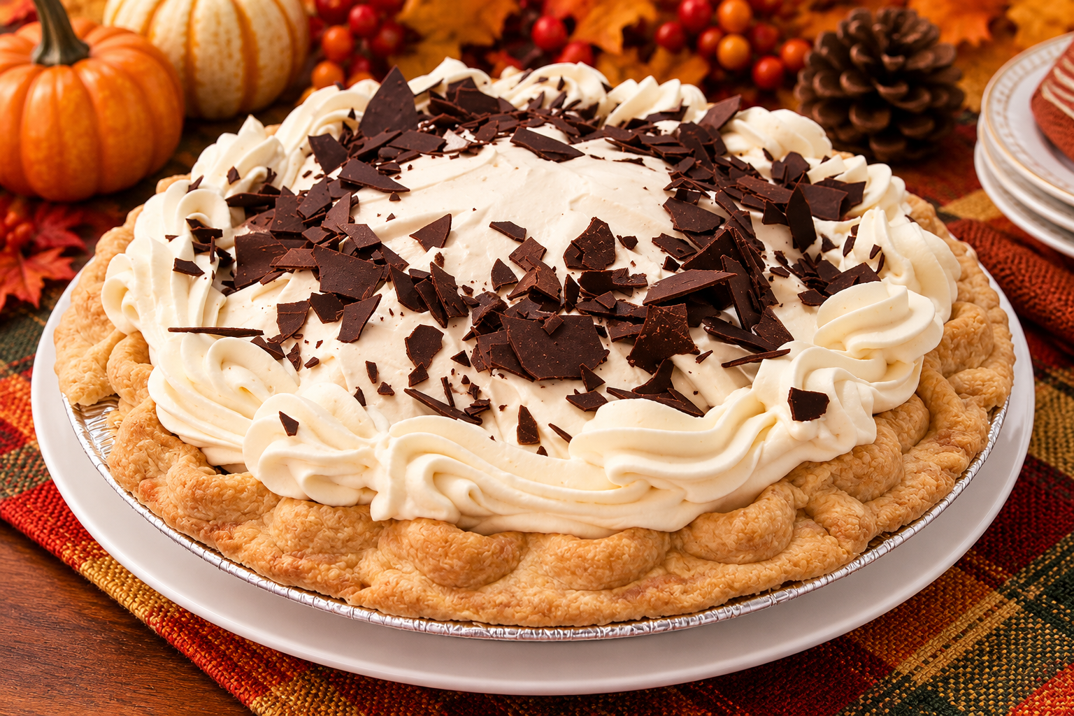 Chocolate Cream Pie — 9-Inch
Enjoy our rich chocolate cream pie, topped with swirls of cream and chocolate shavings. A delicious choice for chocolate lovers, this classic dessert makes a wonderful addition to your Thanksgiving dessert table.
