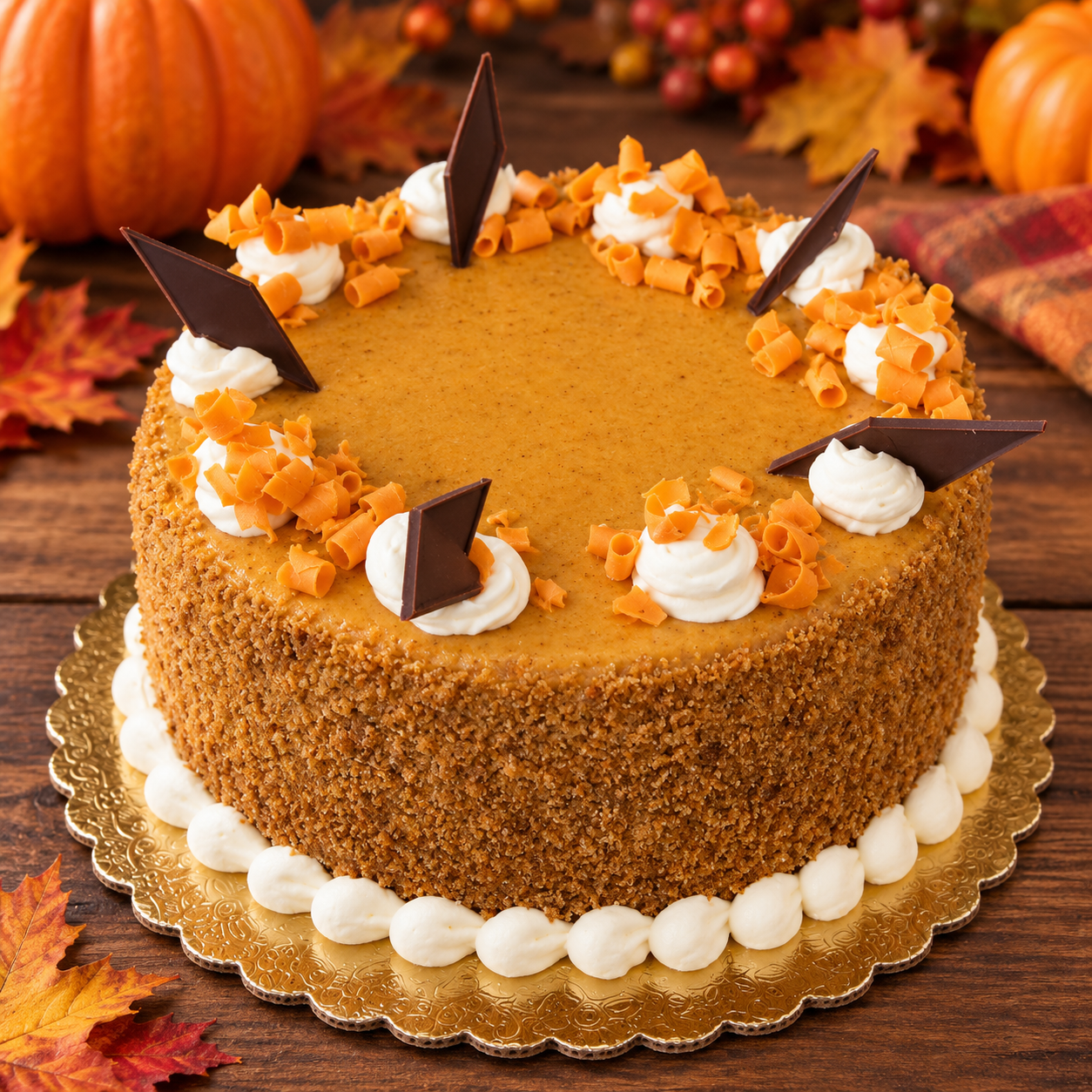 Pumpkin Cheesecake — 6-Inch & 9-Inch
Combine two holiday favorites with our creamy pumpkin cheesecake. Available in 6-inch and 9-inch sizes, this seasonal dessert brings the flavors of pumpkin to your Thanksgiving celebration.
