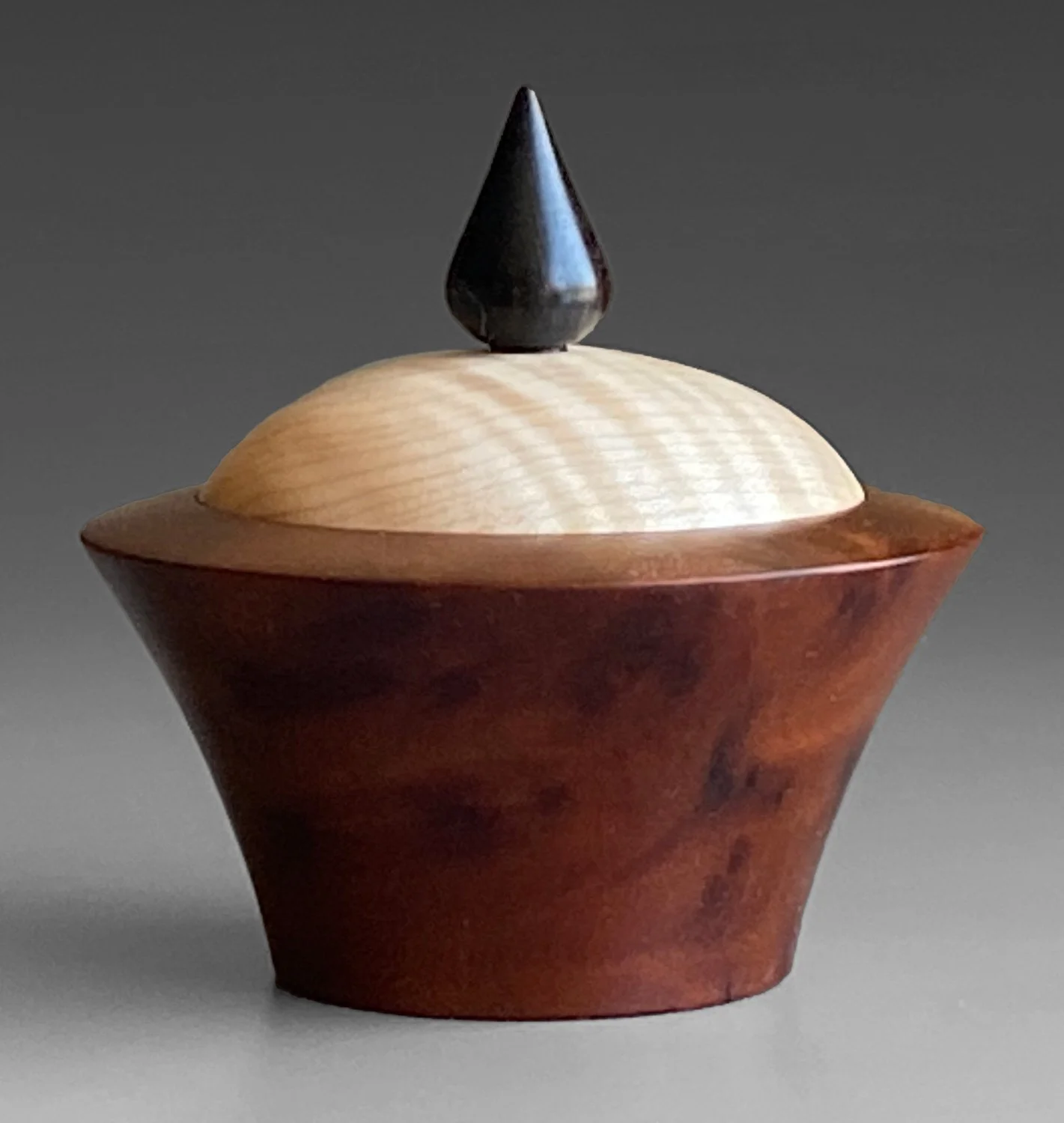 Camphor burl, Curly Maple, African Blackwood, 3.5" dia x 3.5" tall