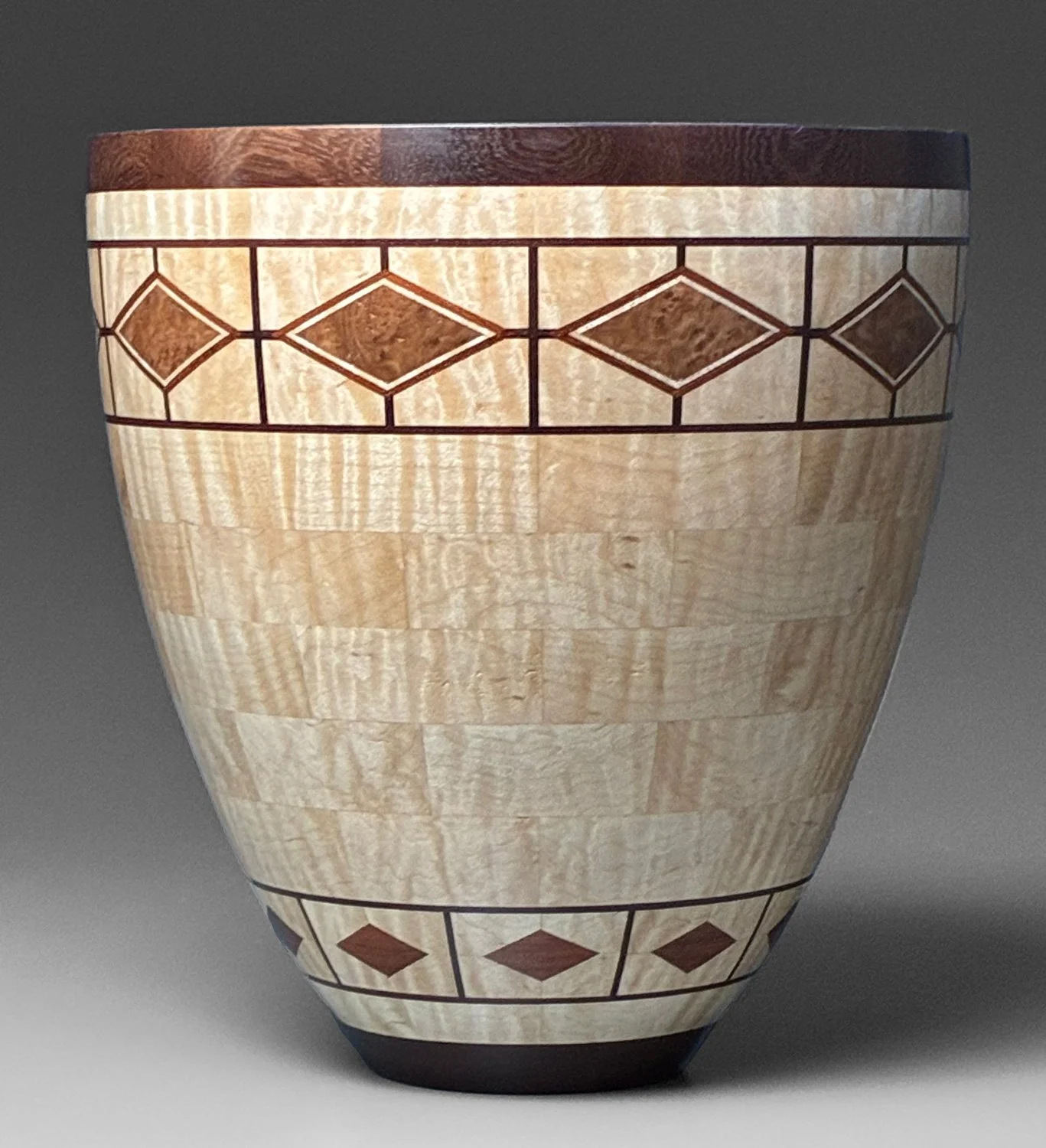 Curly Maple, Katalox, Corrugata Burl: 7" dia x 8" tall