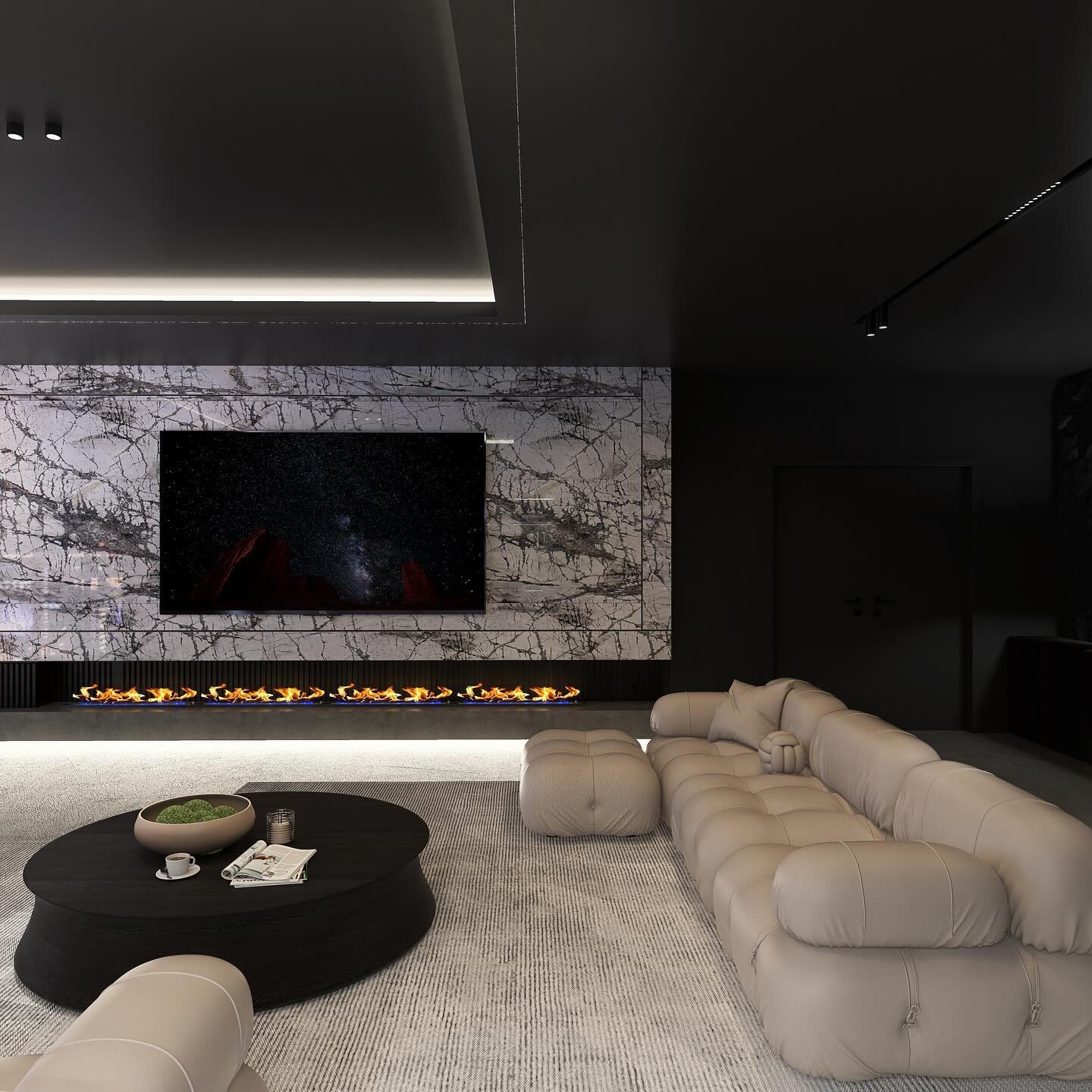 Cosy evenings by the fire this luxurious dark home lounge, accentuated by a captivating marble wall.

Design &amp; visualisation by @vict_designstudio 

#interiordesign #luxuryinteriors #marblestone #darkinteriors #livingroom #interiorarchitecture