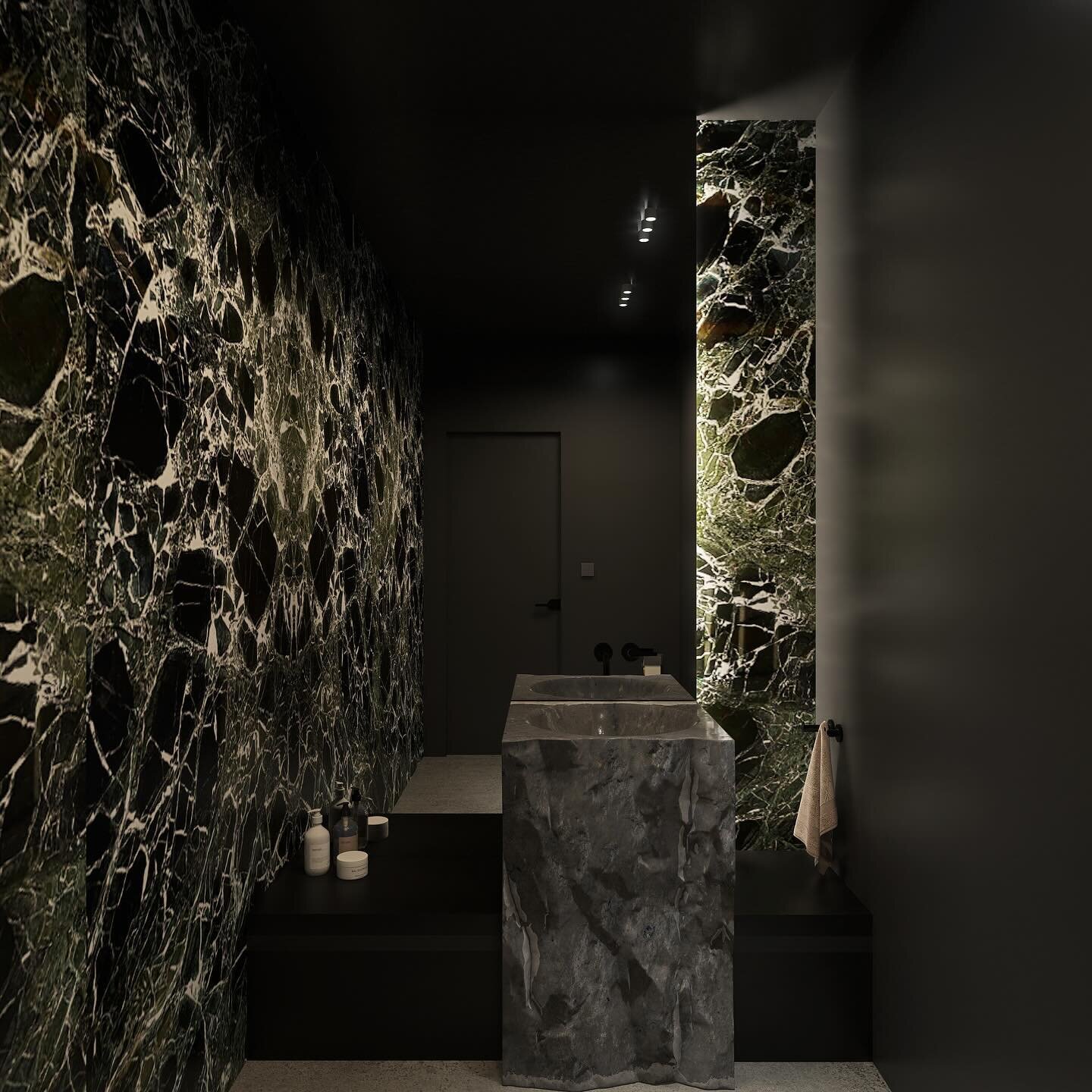 An elegant Washroom featuring a stone freestanding basin with white and green veined marble, accentuated by the ambient lighting.

Design &amp; visualisation by @vict_designstudio 

#LuxuryBathroom #ElegantDesign #AmbientLighting #StoneBasin #Interio