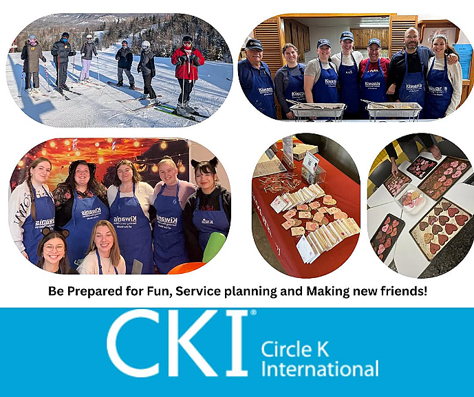 A collage of four photos featuring people participating in community activities, including skiing, volunteering at a food service, and baking or sharing treats, with a logo and message promoting fun, service planning, and friendship by Circle K International.
