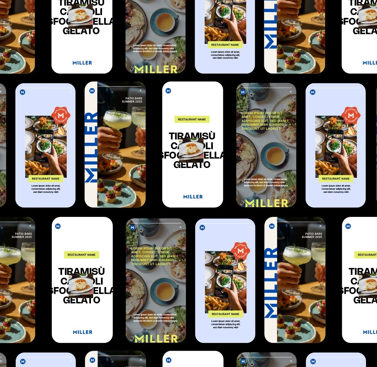 Collage of restaurant promotional images featuring food and drinks, including desserts, appetizers, cocktails, and plates of food, with text promoting a summer patio event and restaurant name.