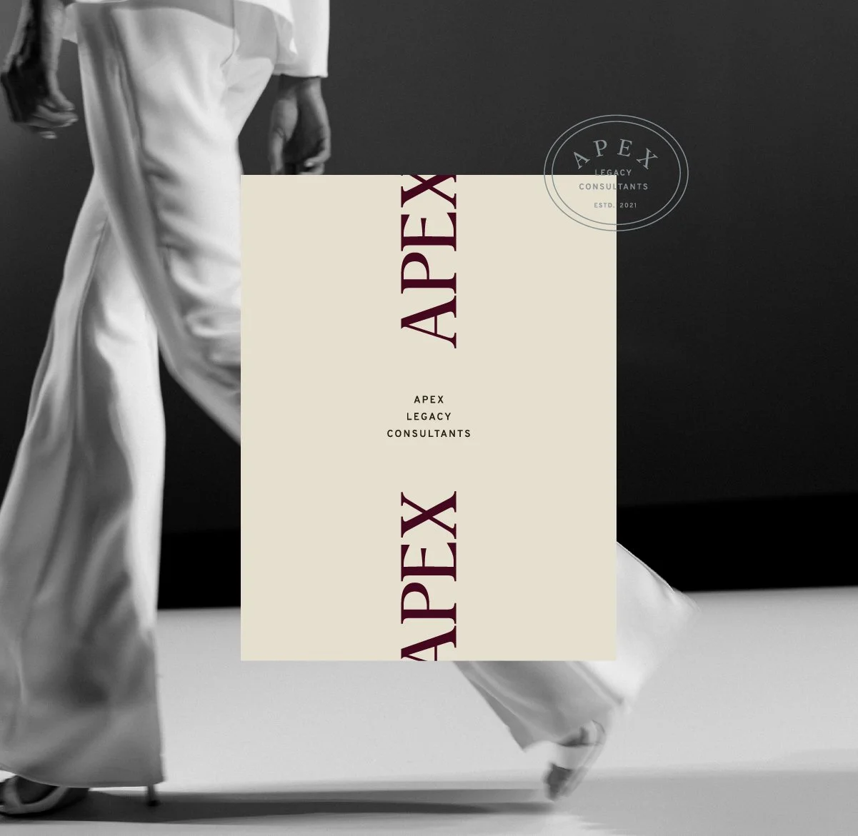 A black and white photograph of a person in a flowing white outfit walking, with a beige sign in the center that reads "APEX LEGACY CONSULTANTS" and a circular logo in the upper right corner with similar text.