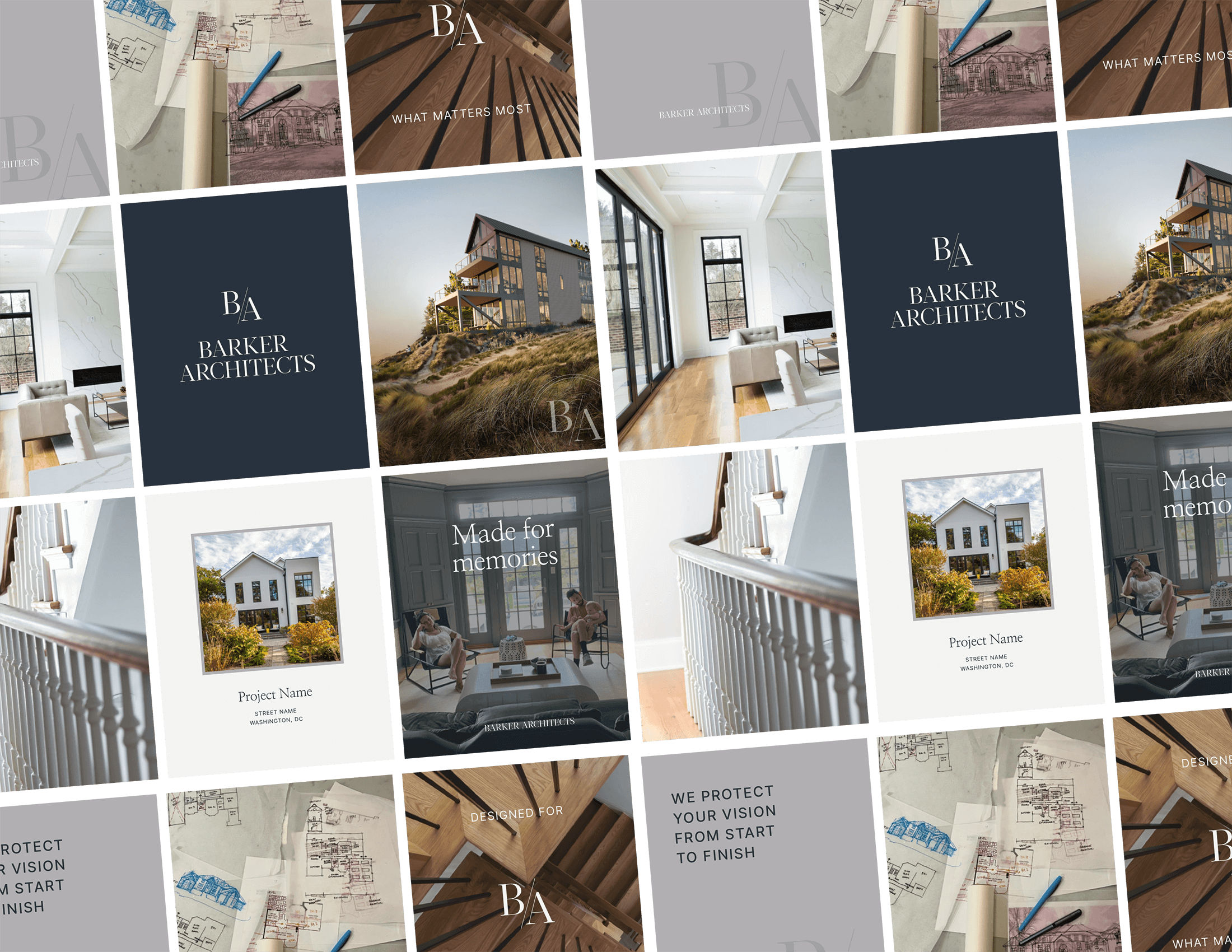 Collage of architecture design and project images by Barker Architects, featuring interior and exterior house photos, blueprints, and logo.