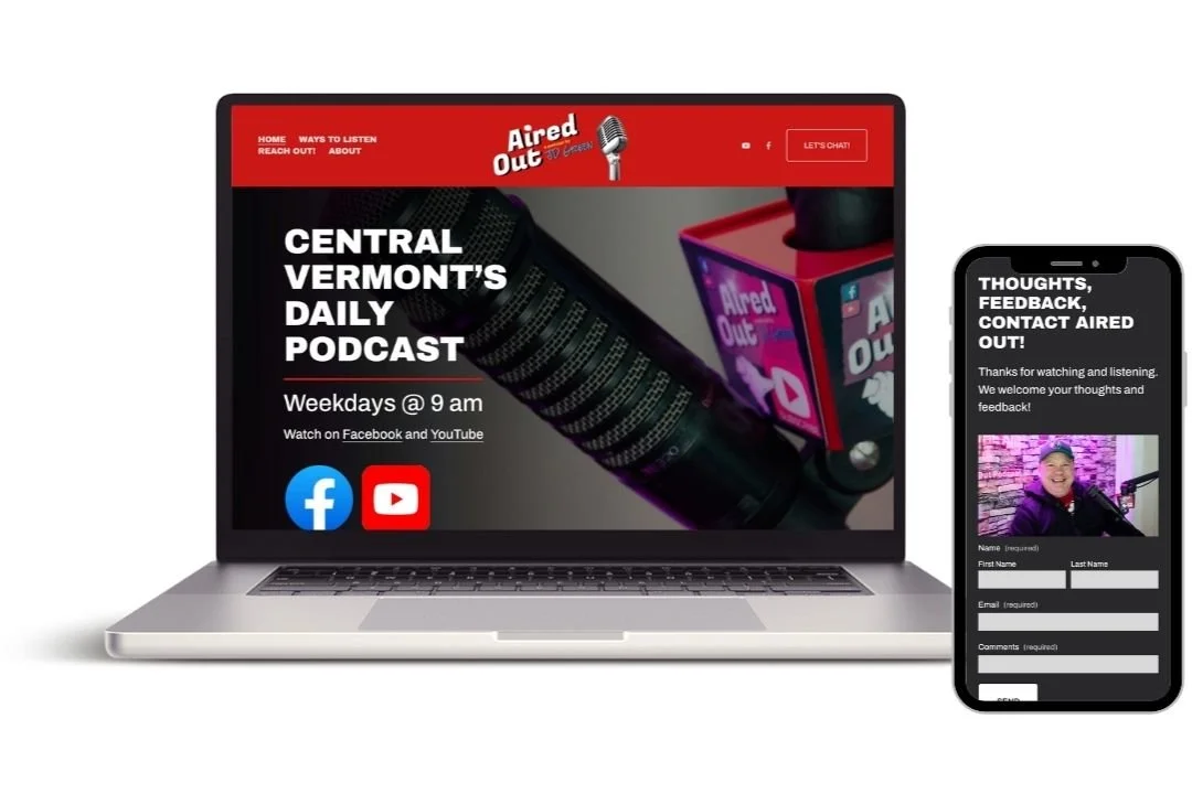 A laptop and a smartphone displaying a podcast website and a feedback form. The laptop shows a red and black website titled "Aired Out" with a podcast called "Central Vermont's Daily Podcast" airing weekdays at 9 am on Facebook and YouTube. The websi