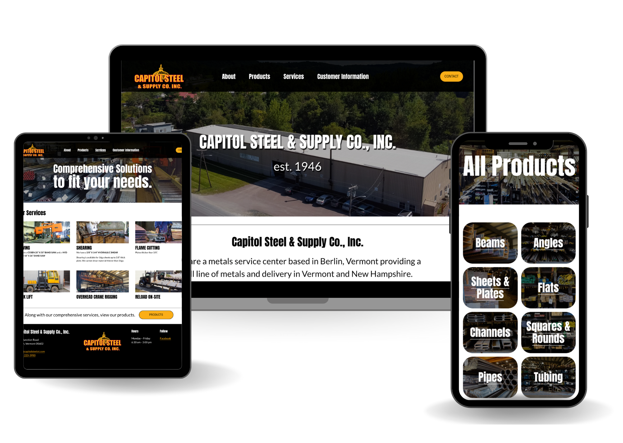 Screenshots of a website for Capitol Steel & Supply Co., Inc., showing the homepage, services, product categories, and contact information displayed on desktop and mobile devices.