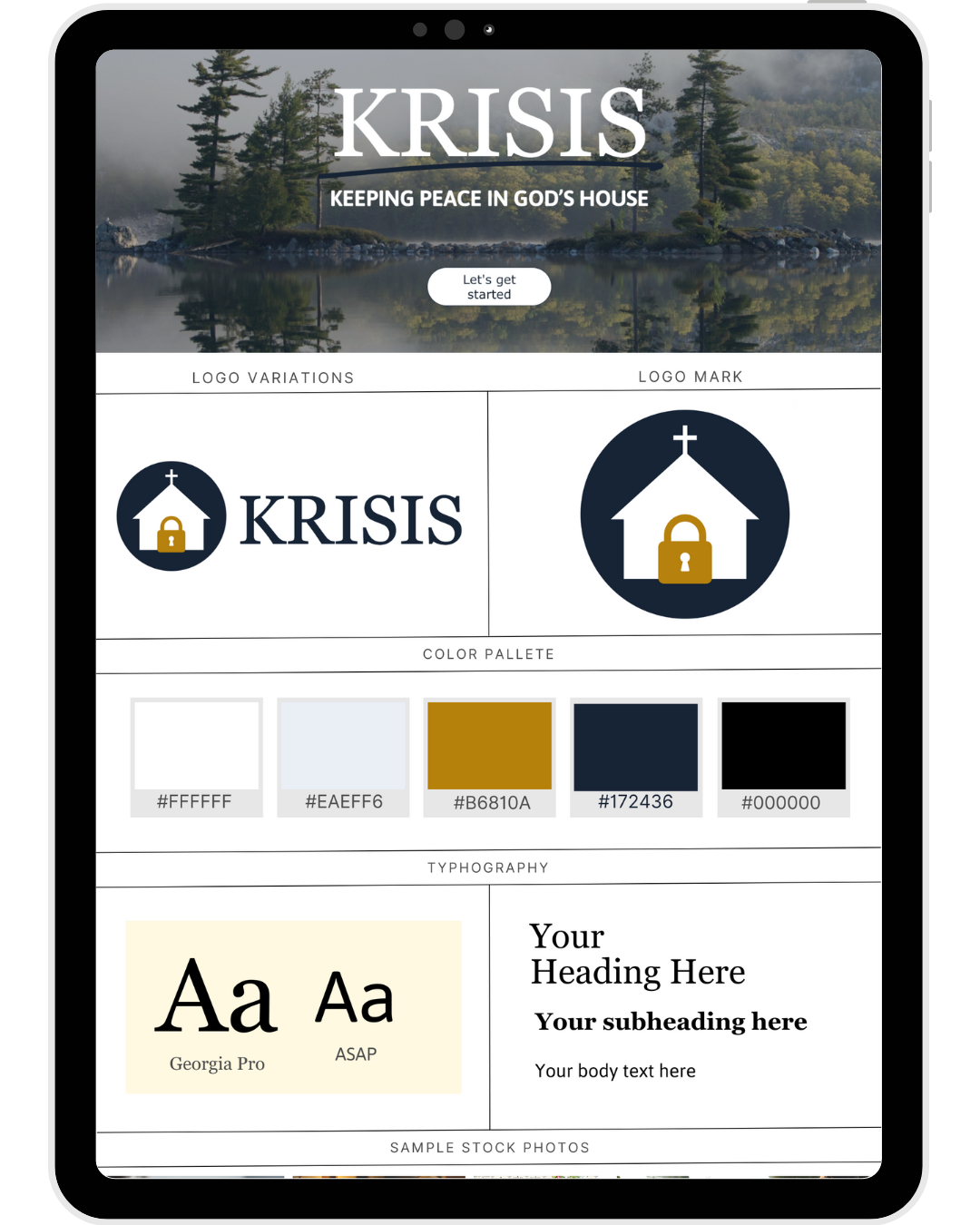 A digital designer mood board for a project titled "KRISIS: Keeping Peace in God's House." It features logo variations with house and padlock icons, a logo mark with a house and lock, a color palette with white, light blue, gold, dark blue, and black, typography samples with Georgia Pro and Arial fonts, and placeholder text for headings, subheadings, and body text.