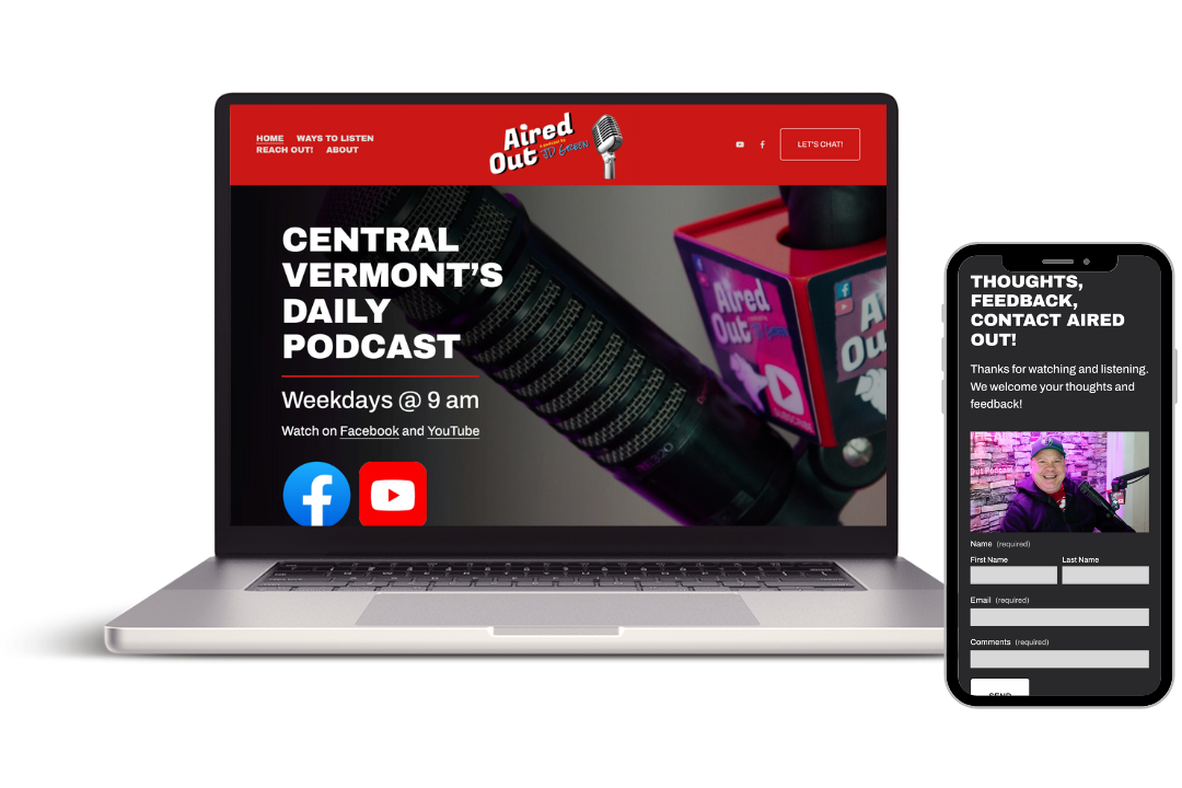 A laptop and a smartphone displaying the podcast "Aired Out" with microphones, social media links, and a feedback form. The podcast features Central Vermont's daily podcast with weekday episodes at 9 am, available on Facebook and YouTube.