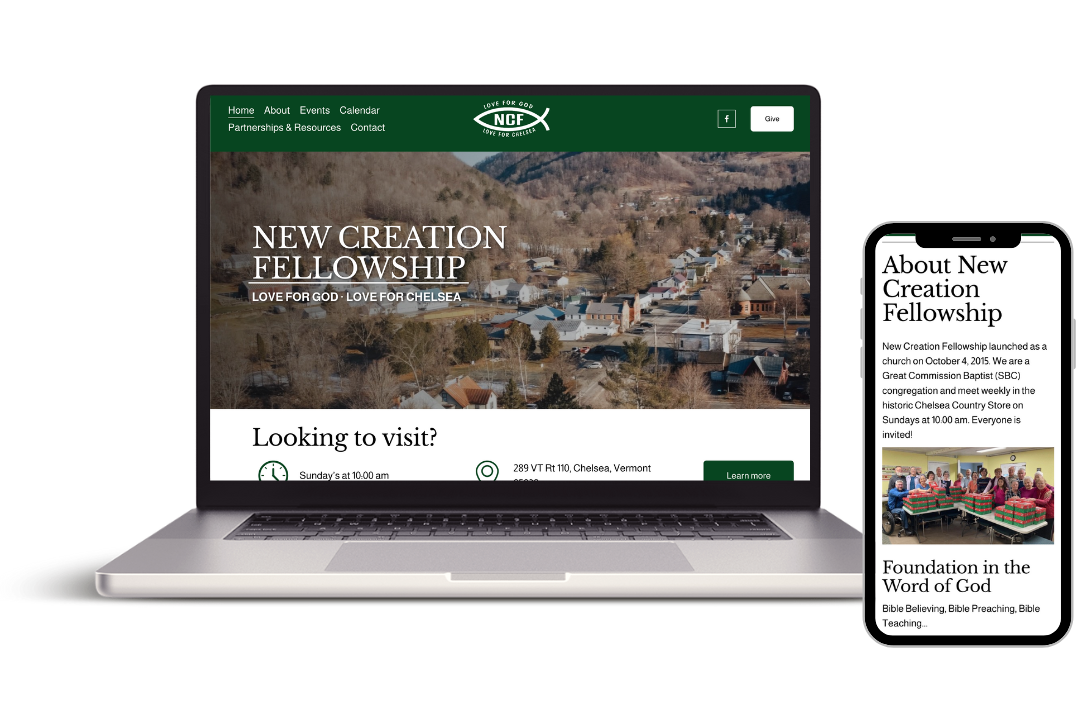Laptop and smartphone displaying the website for New Creation Fellowship, featuring a scenic view of a mountain town, church information, and upcoming events.