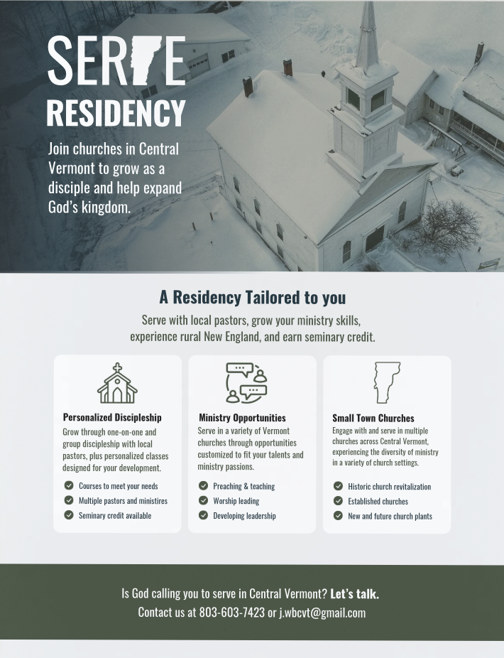A flyer for a church residency program in Central Vermont, featuring an aerial view of a snow-covered church with a tall steeple. The flyer invites people to join churches in Central Vermont for growth as disciples and to expand God's kingdom, highlighting personalized discipleship, ministry opportunities, and small town churches.