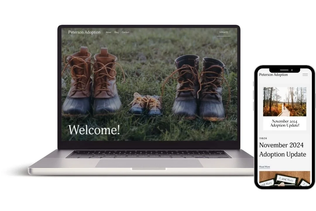 A laptop and a smartphone display the Peterson Adoption website, featuring images of boots outdoors, with text about adoption updates.