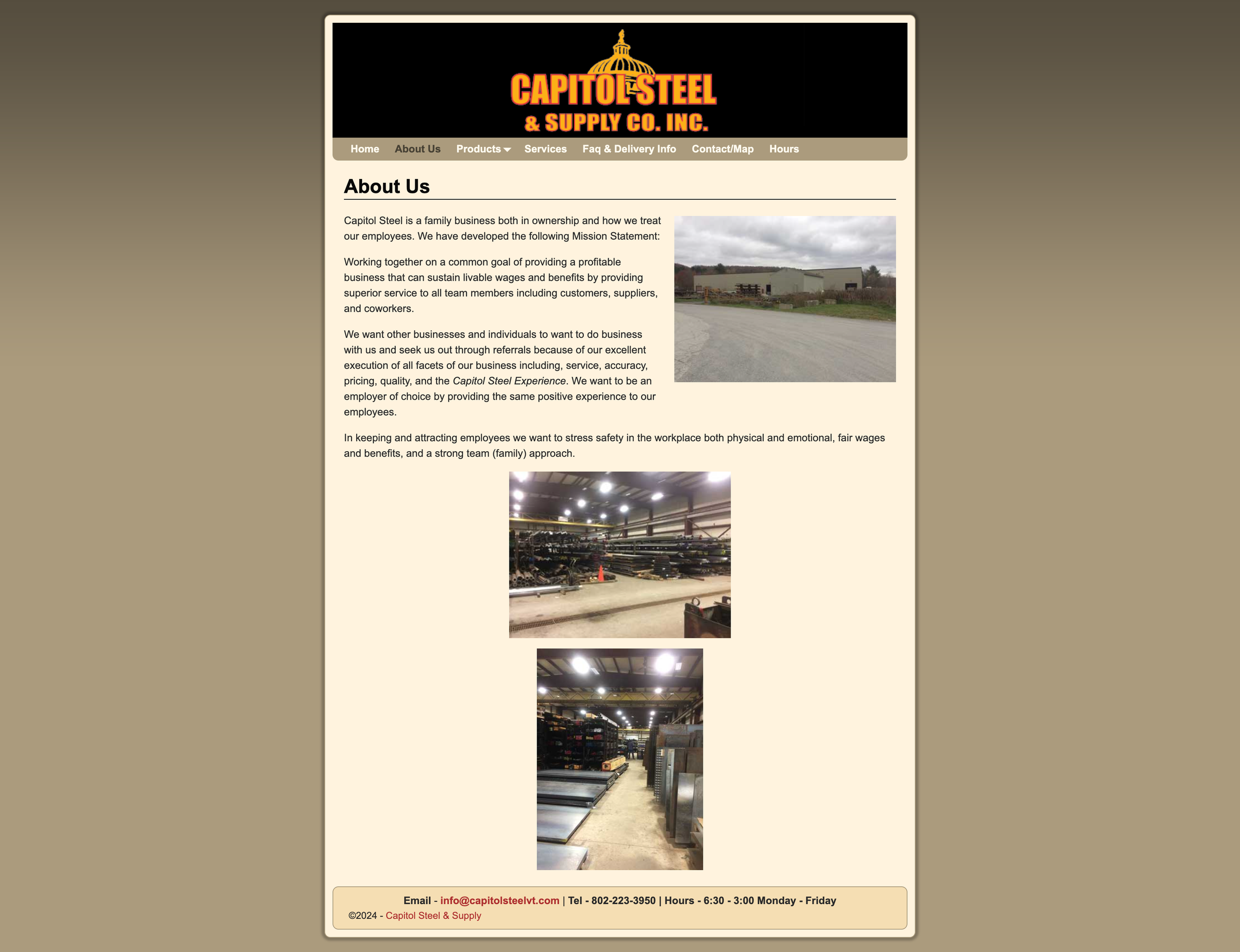 Screenshot of a website for Capitol Steel & Supply Co. Inc., showing the 'About Us' page with text about the company's mission and images of their industrial facilities.