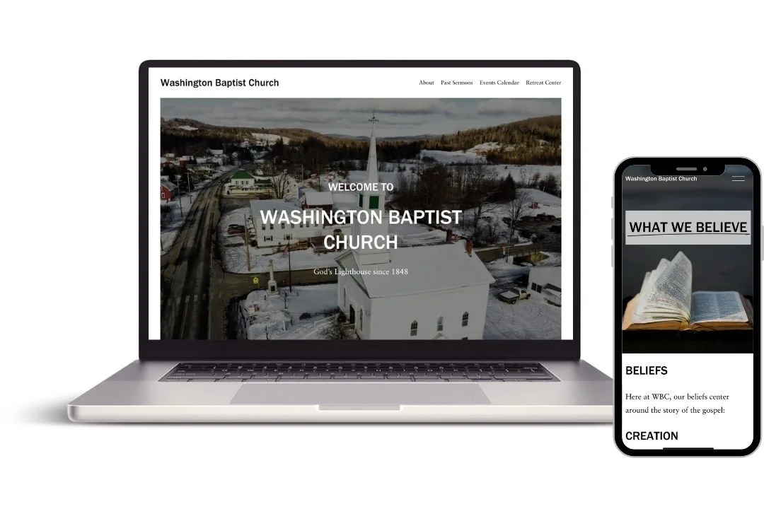 Website homepage of Washington Baptist Church displayed on a laptop and a smartphone, featuring images of the church and sections about beliefs and teachings.