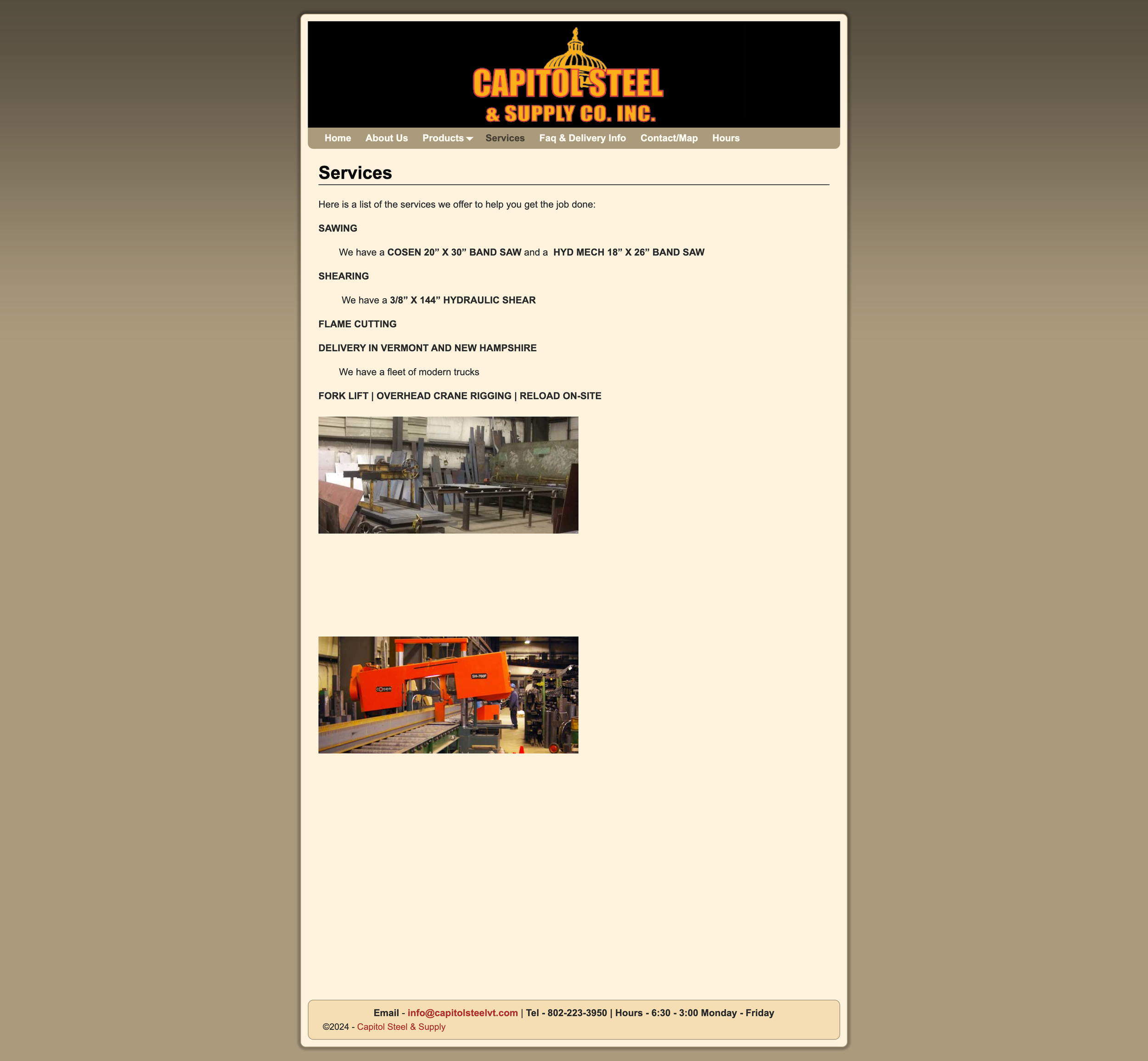Screenshot of Capitol Steel & Supply Co. Inc. website showing services such as sawing, shearing, flame cutting, delivery, and crane rigging, with images of workshop equipment and machinery.