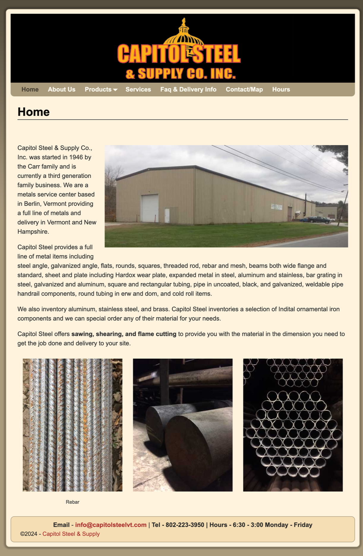 Screenshot of Capitol Steel & Supply Co. Inc. website homepage showing exterior building, text description, and images of metal rebar, steel rolls, and metal pipes.
