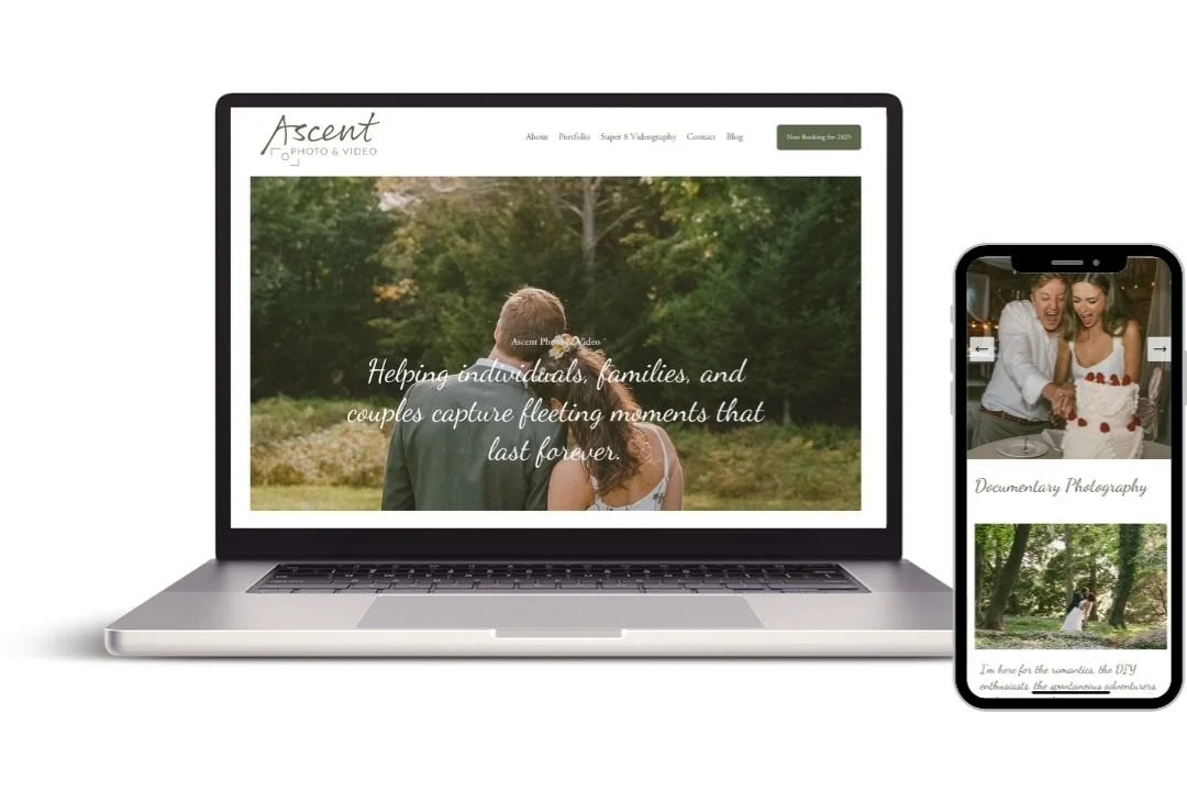 Laptop and smartphone displaying a photography website called Ascent Photo & Video, featuring images of couples and families outdoors.