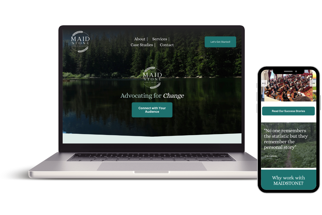 Laptop and smartphone screens displaying the MAIDSTONE website. The laptop shows the homepage with a nature background and the text 'Advocating for Change,' with buttons to connect and get started. The phone shows a success story and a quote about pe