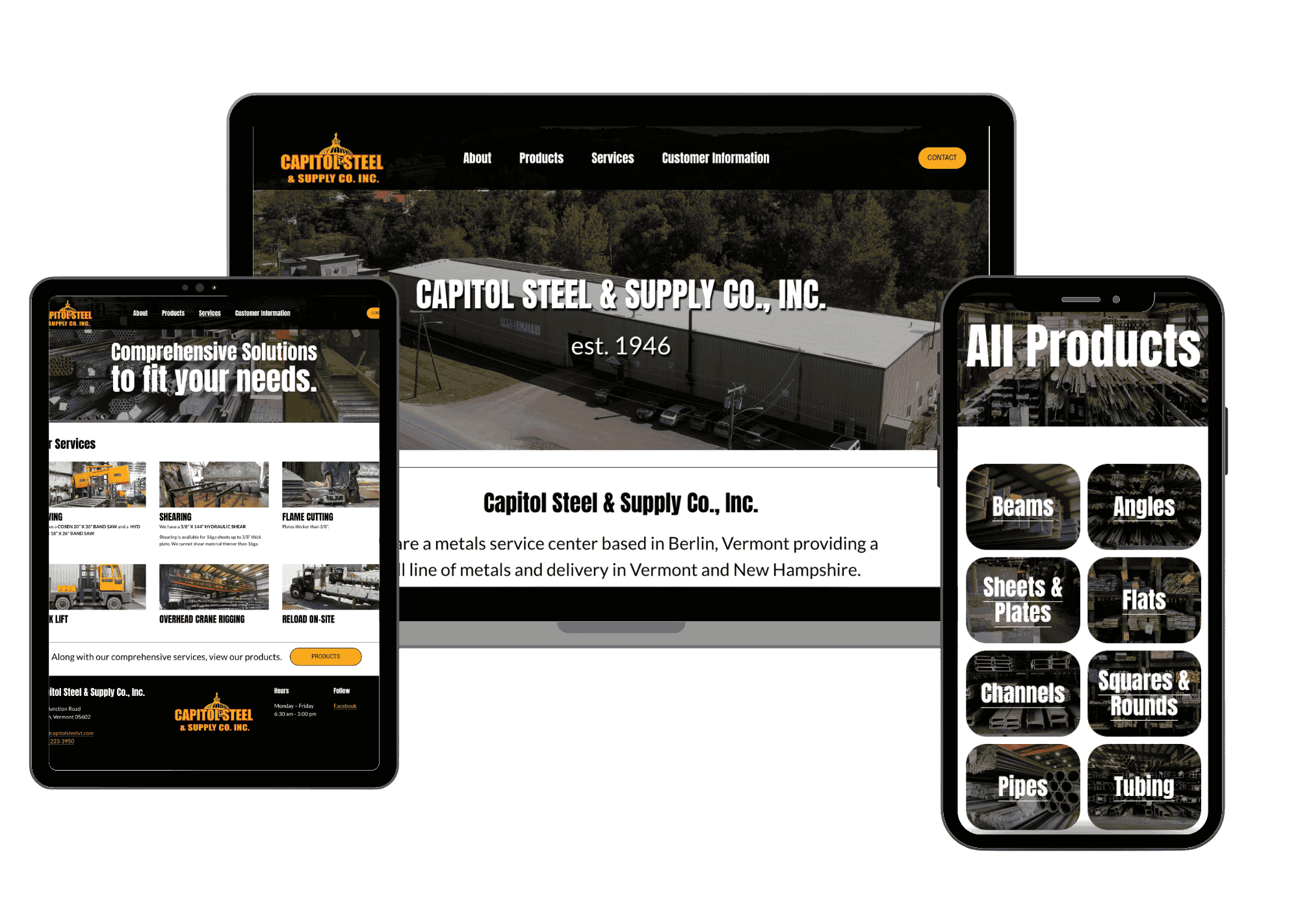 Responsive website design shown on three devices for Capitol Steel & Supply Co., Inc., featuring the company's logo, navigation menu, a large aerial image of a warehouse, and product categories like beams, angles, sheets & plates, flats, channels, squares & rounds, pipes, and tubing.