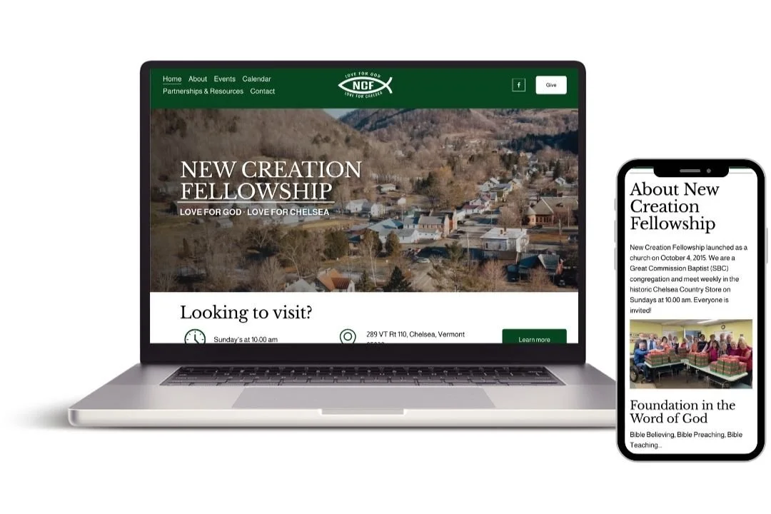 Website homepage about New Creation Fellowship on a laptop screen and a mobile phone. The website features a church with mountain scenery, and mentions visiting details and church activities.