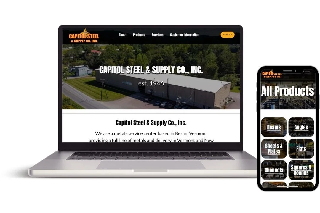 Laptop and smartphone displaying a metal supply company's website, highlighting products like beams, angles, sheets & plates, flats, channels, and squares & rounds.