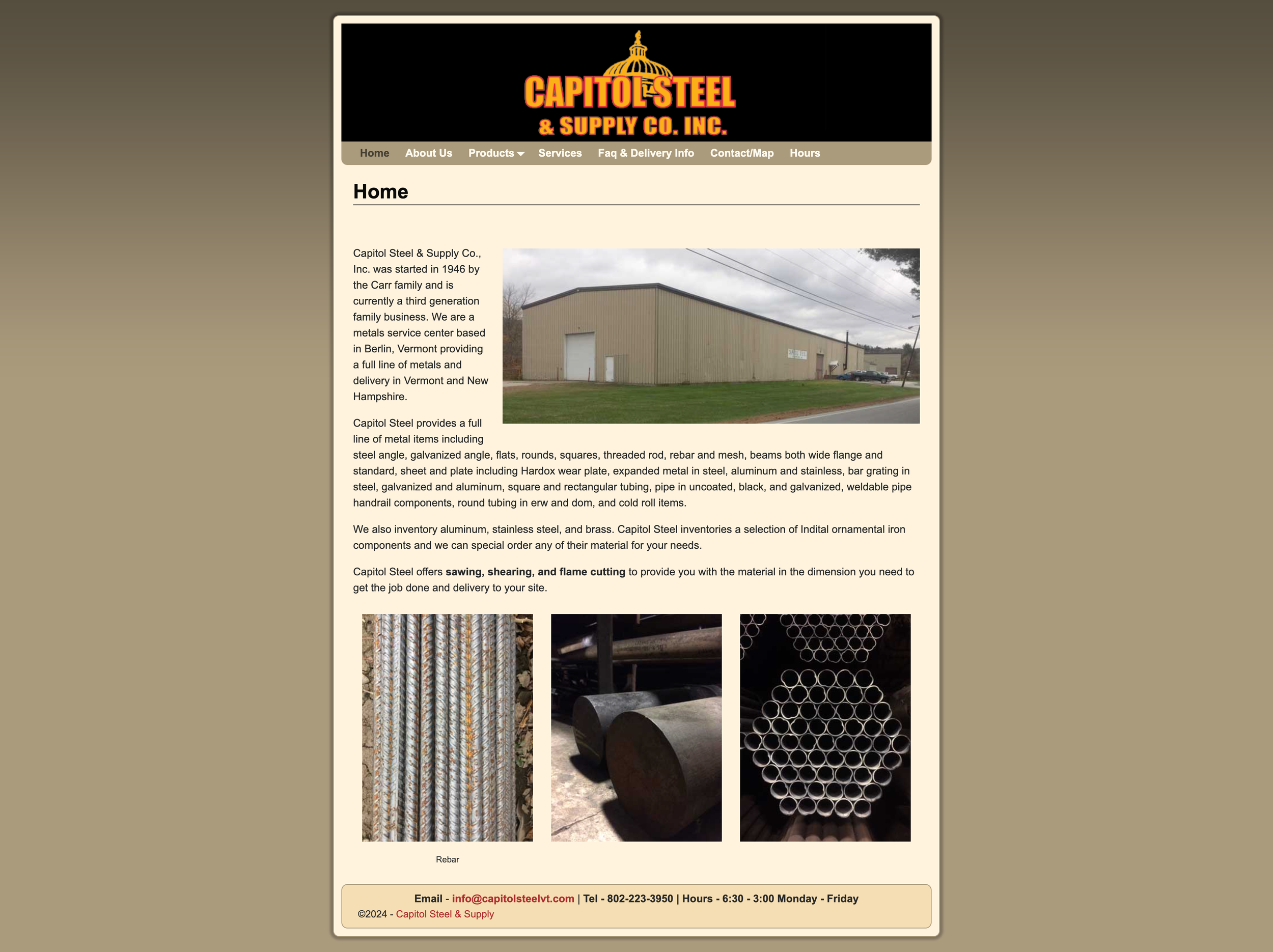 Screenshot of Capitol Steel & Supply Co. website featuring a large metal warehouse building, images of steel rebar and pipes, and text describing their metal products and services.