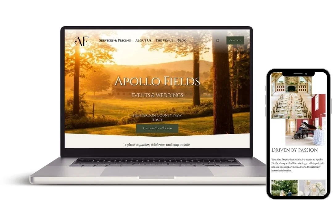 Laptop and smartphone screens displaying a website for Apollo Fields event venue, with images of a scenic outdoor landscape and an interior event space.