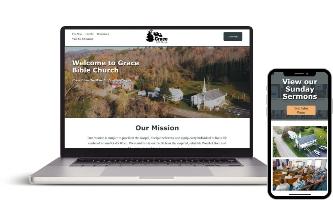 Screenshot of Grace Bible Church website on laptop and mobile phone, showing church building, congregation, and online resources.