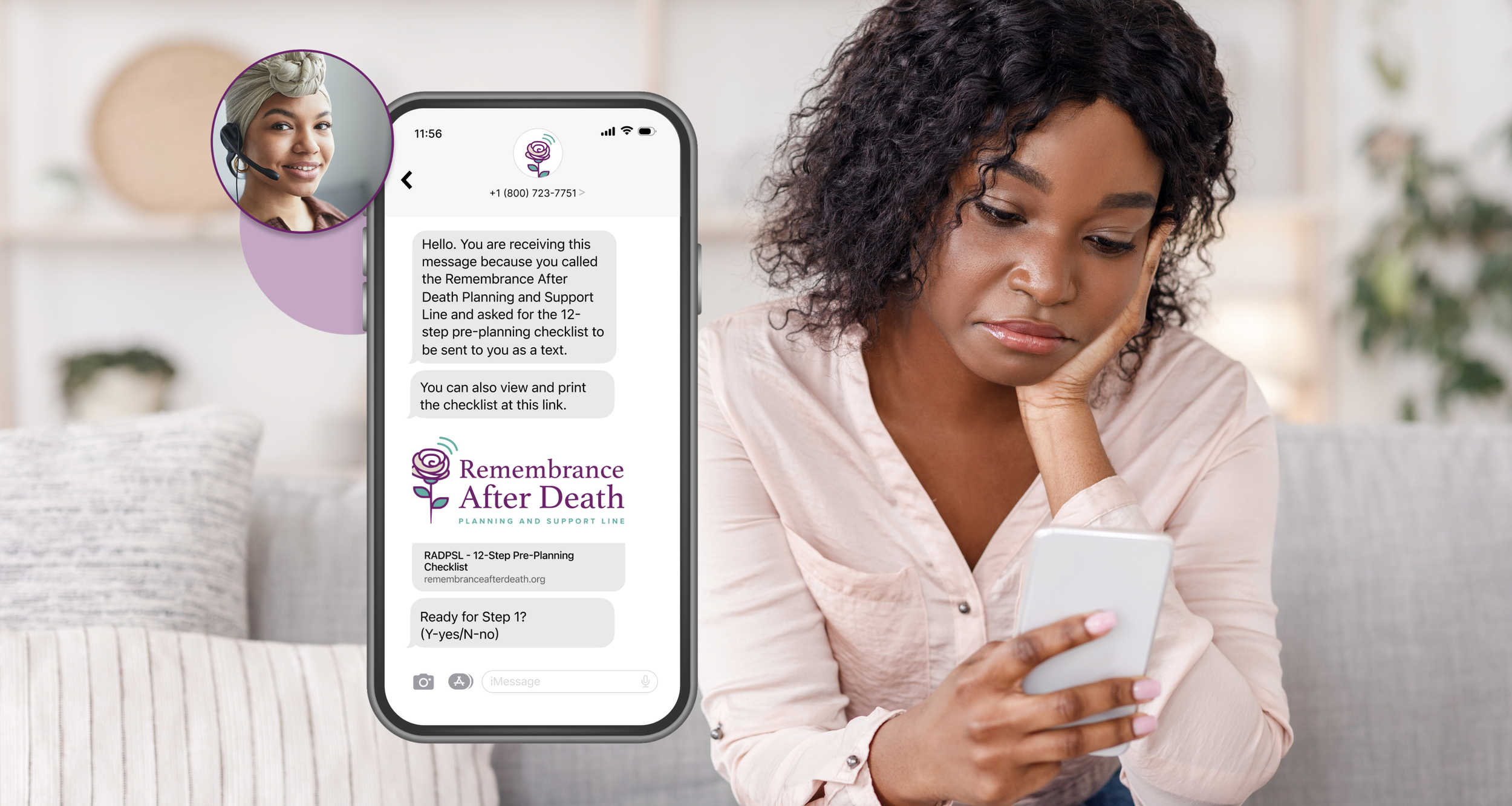 A woman with curly hair sitting on a light-colored couch, looking at her phone with a thoughtful expression, while a floating smartphone screen displays a text conversation from Remembrance After Death Planning and Support Line.