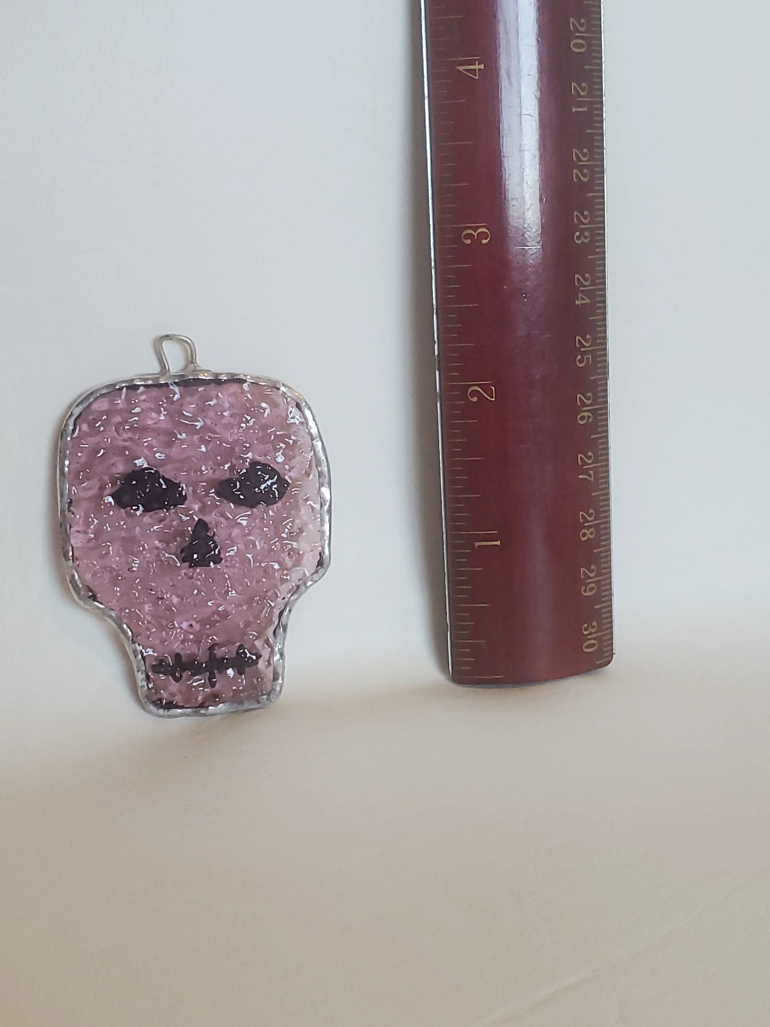 Red & Pink Painted Skull- Small Stained Glass  Decor Ornaments