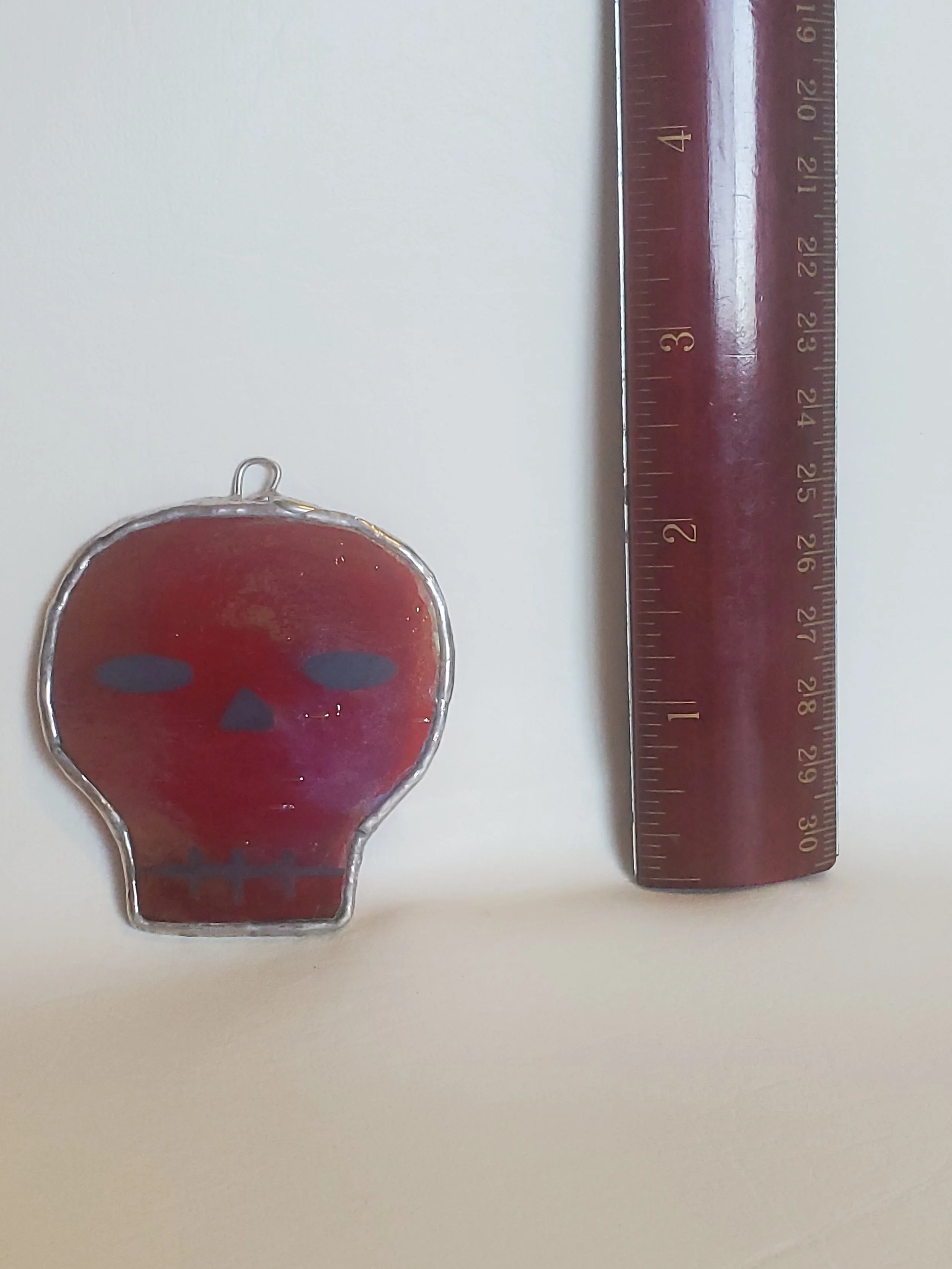 Red & Pink Painted Skull- Small Stained Glass  Decor Ornaments