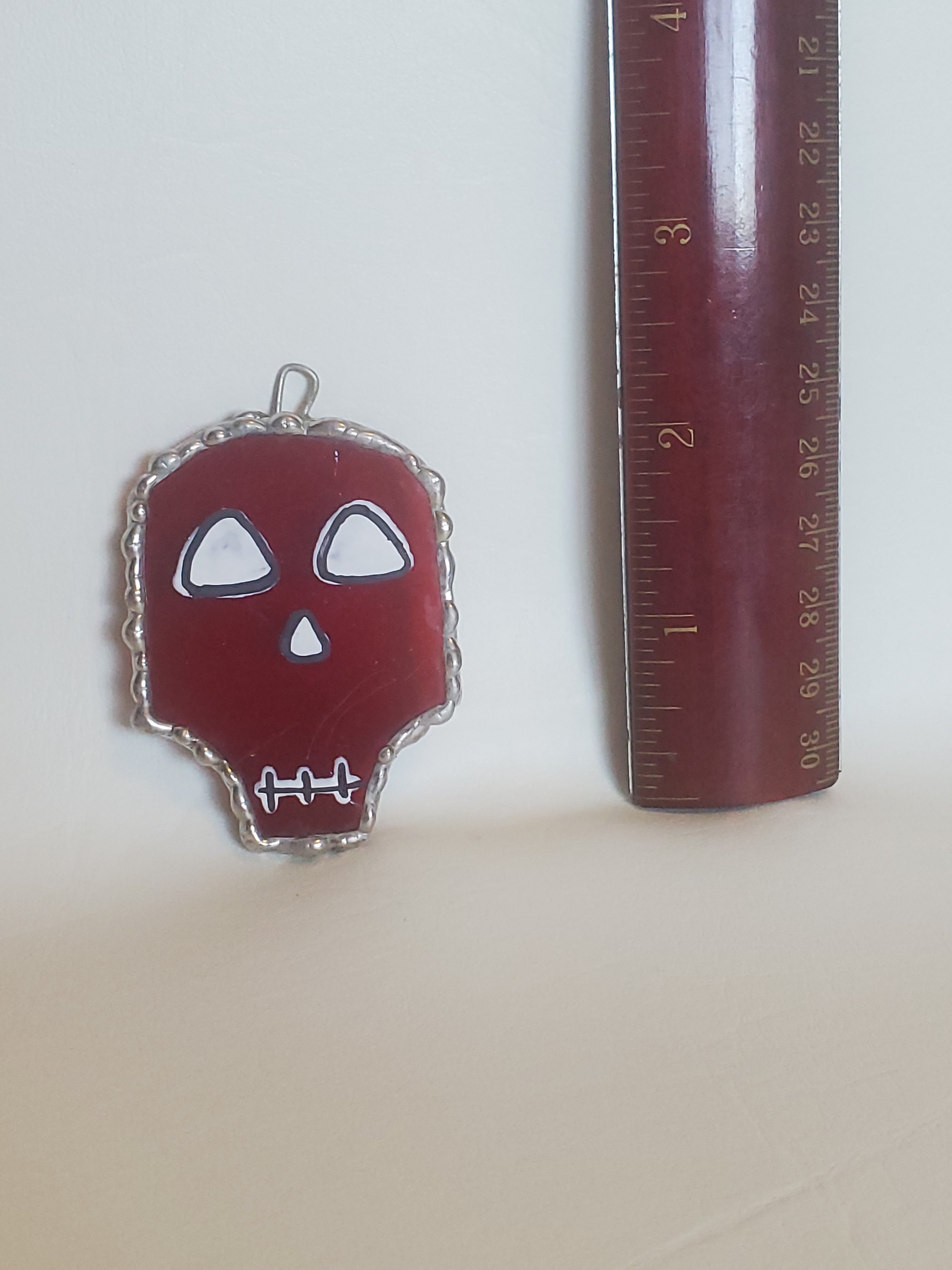 Red & Pink Painted Skull- Small Stained Glass  Decor Ornaments