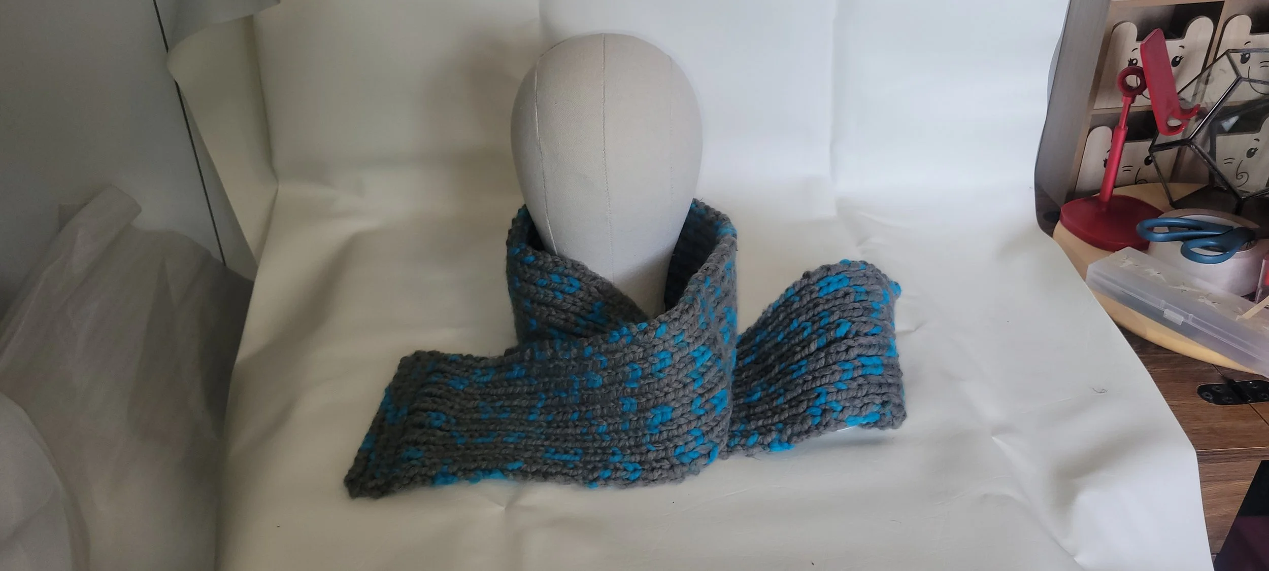 Luxurious Hand-Knit Gray and Blue Scarf