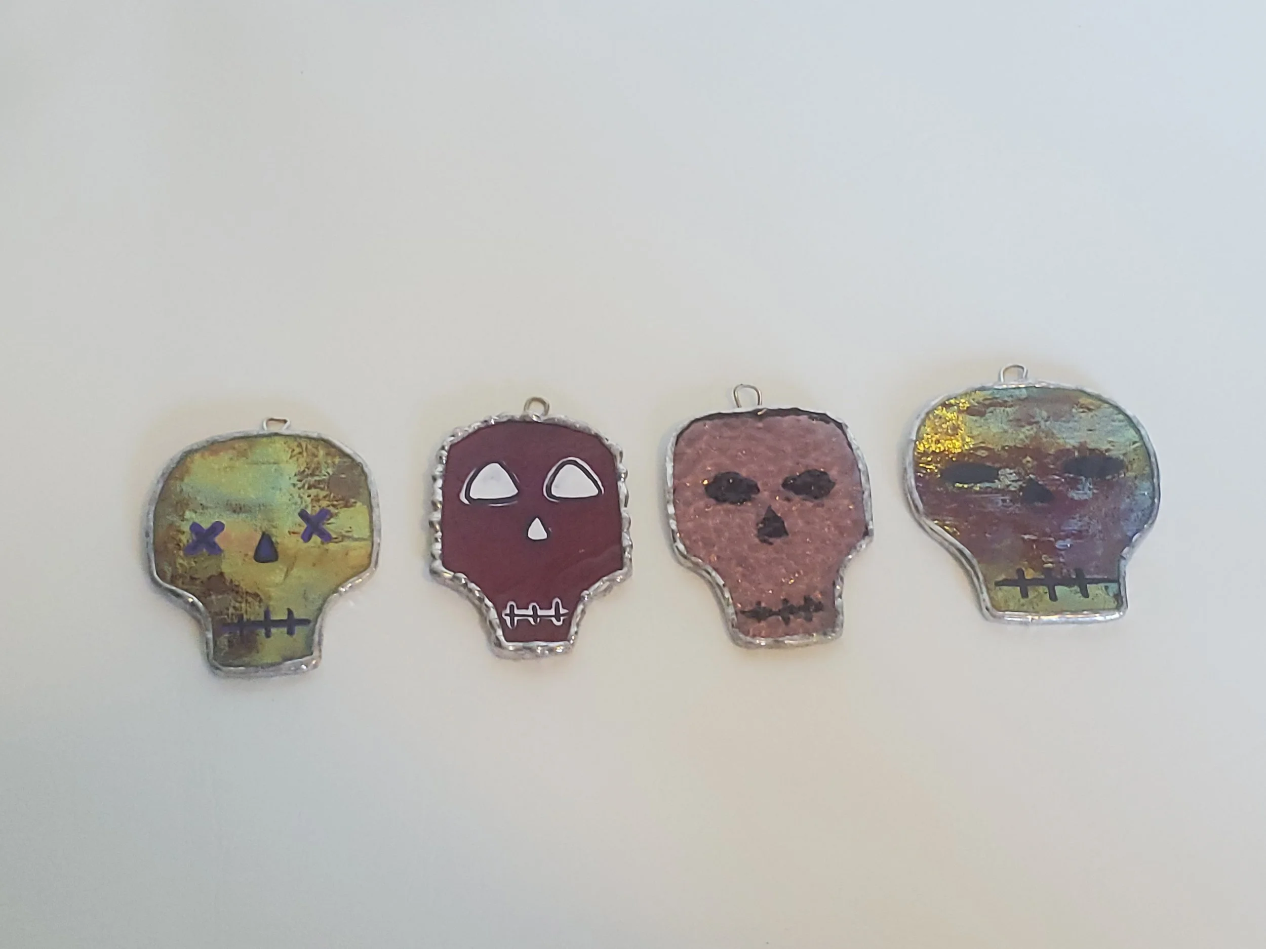 Red & Pink Painted Skull- Small Stained Glass  Decor Ornaments