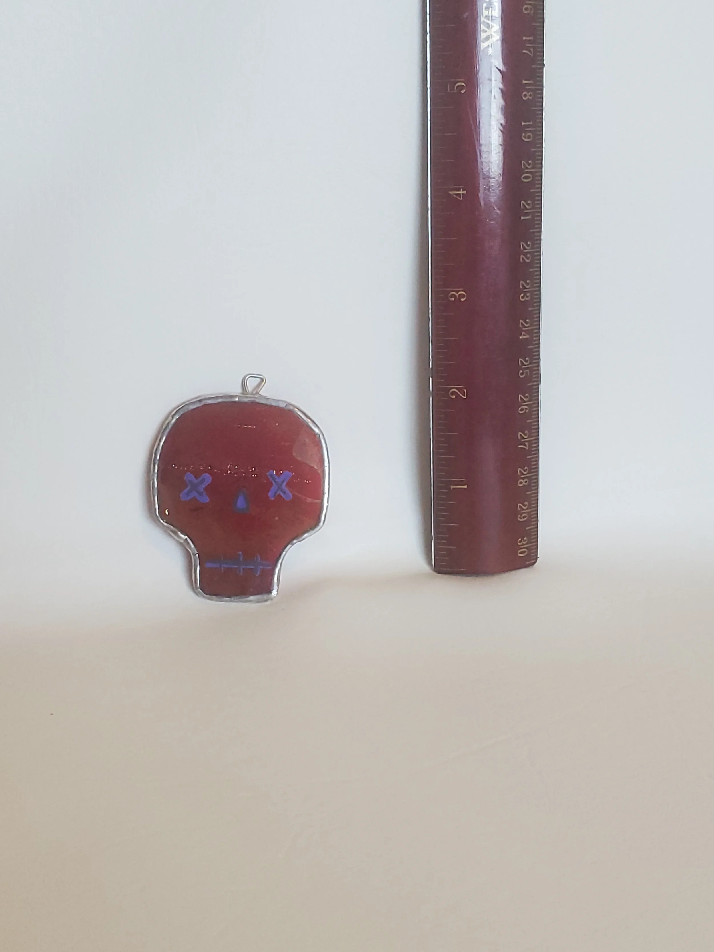 Red & Pink Painted Skull- Small Stained Glass  Decor Ornaments