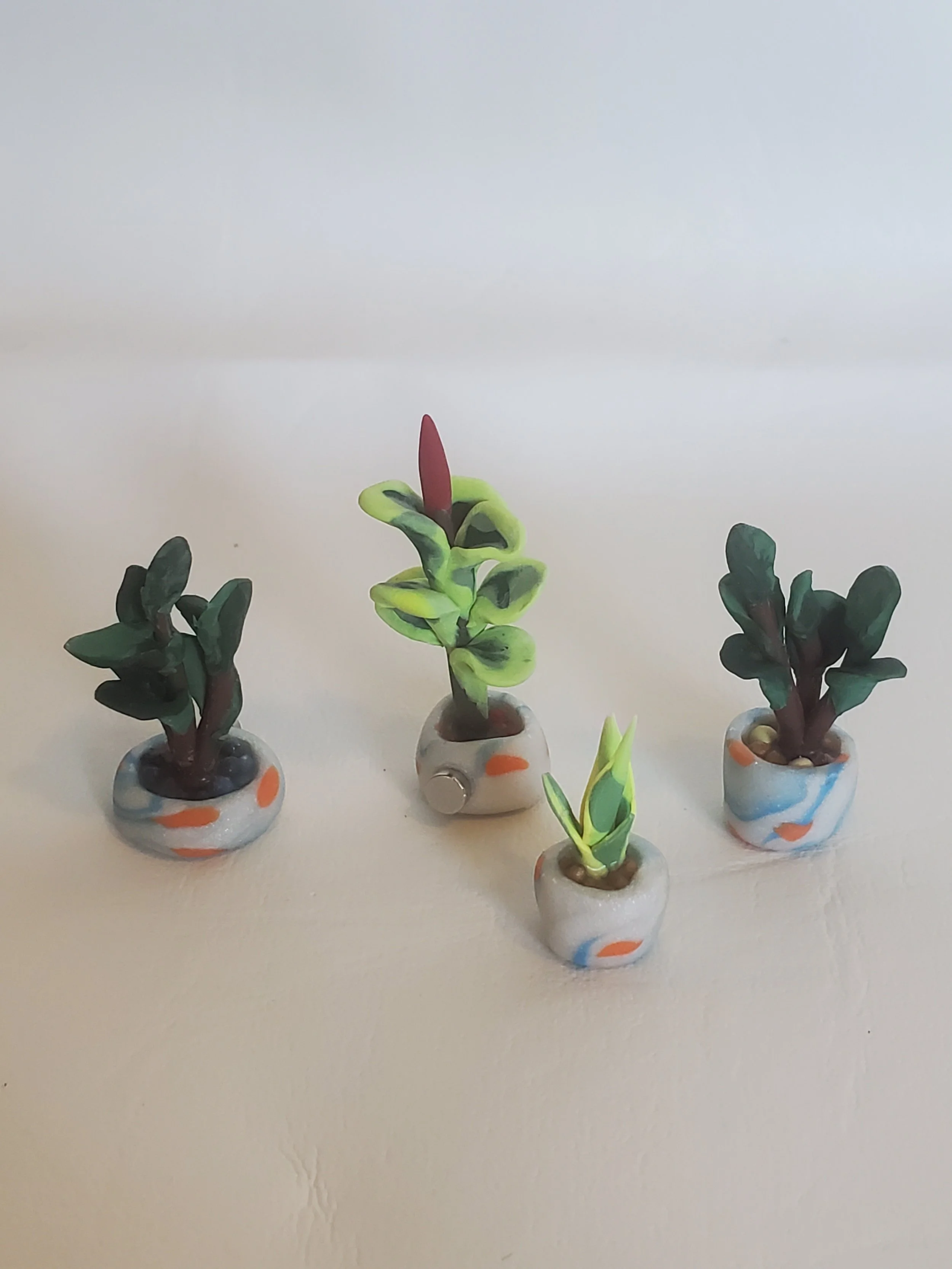 White Swirl with Orange dots Miniature Clay Plant Magnets - Set of 4