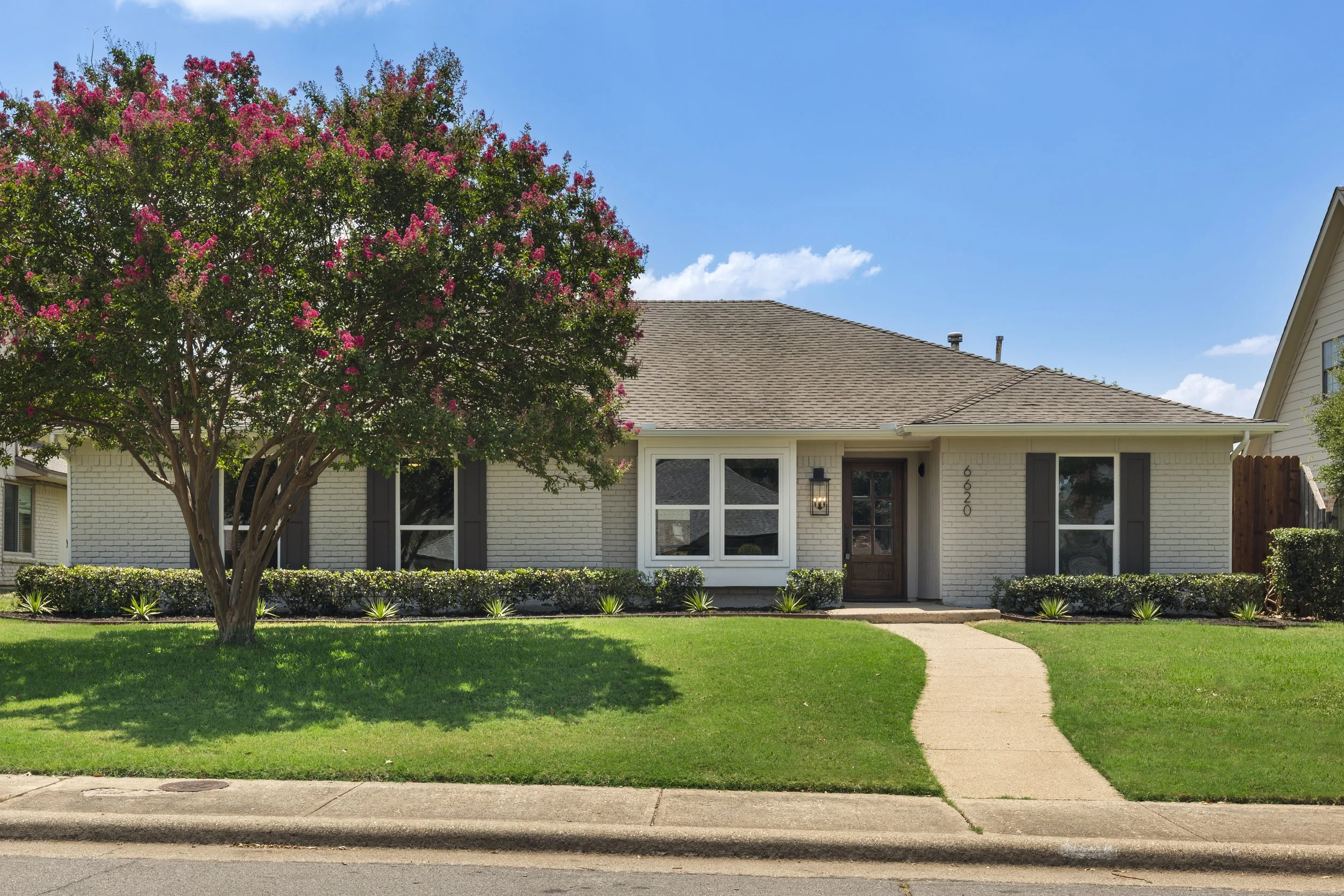 Front view of a suburban house with white brick exterior, brown roof, large front windows, a wooden door, ornamental plants, a tree with pink flowers, and a curved concrete walkway leading to the entrance.