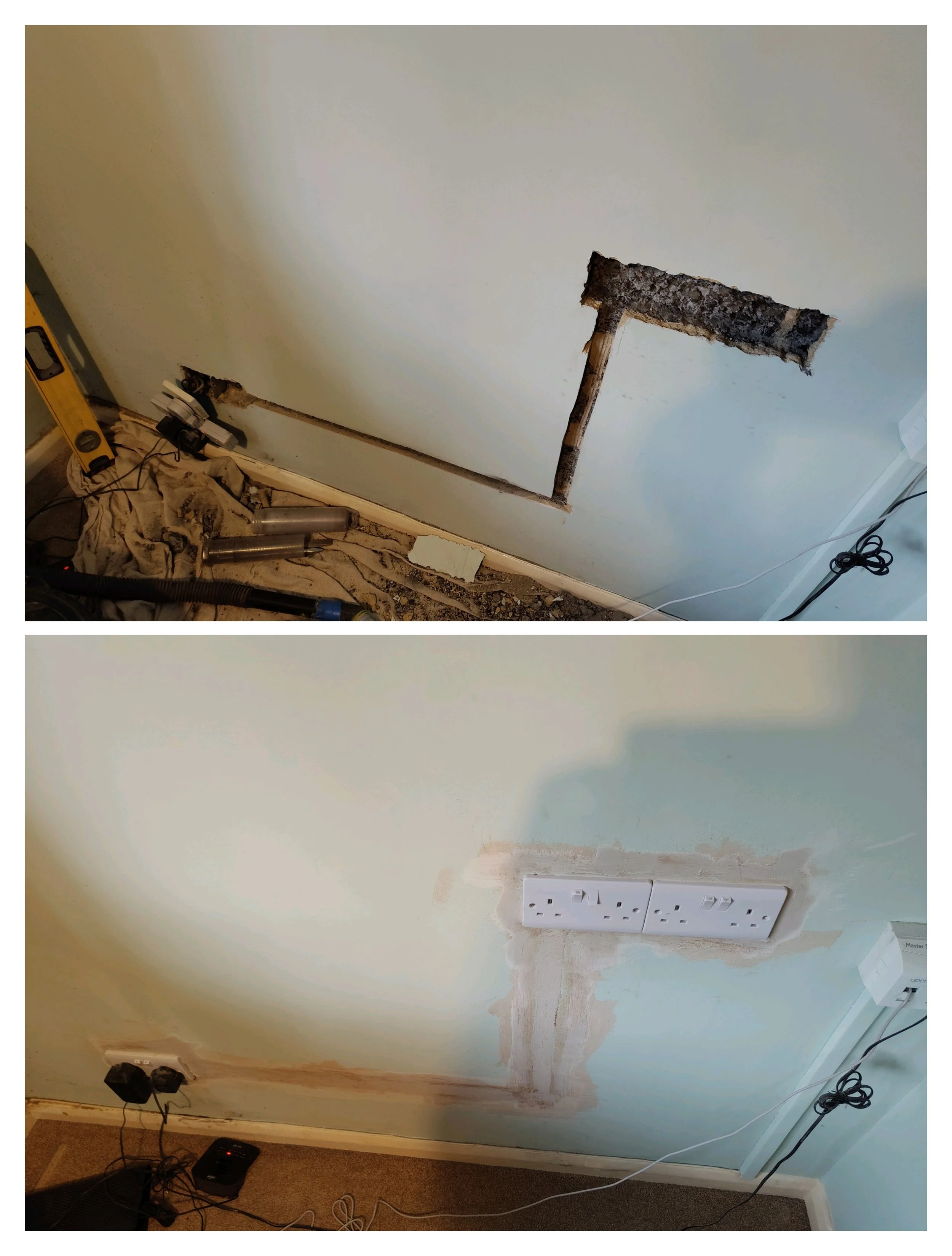 Two photos showing a wall during electrical renovation. The top photo shows an opening cut in the wall with exposed wiring and a pipe, with tools and materials on the floor. The bottom photo shows the wall with electrical outlets installed and patchwork around the outlet areas.