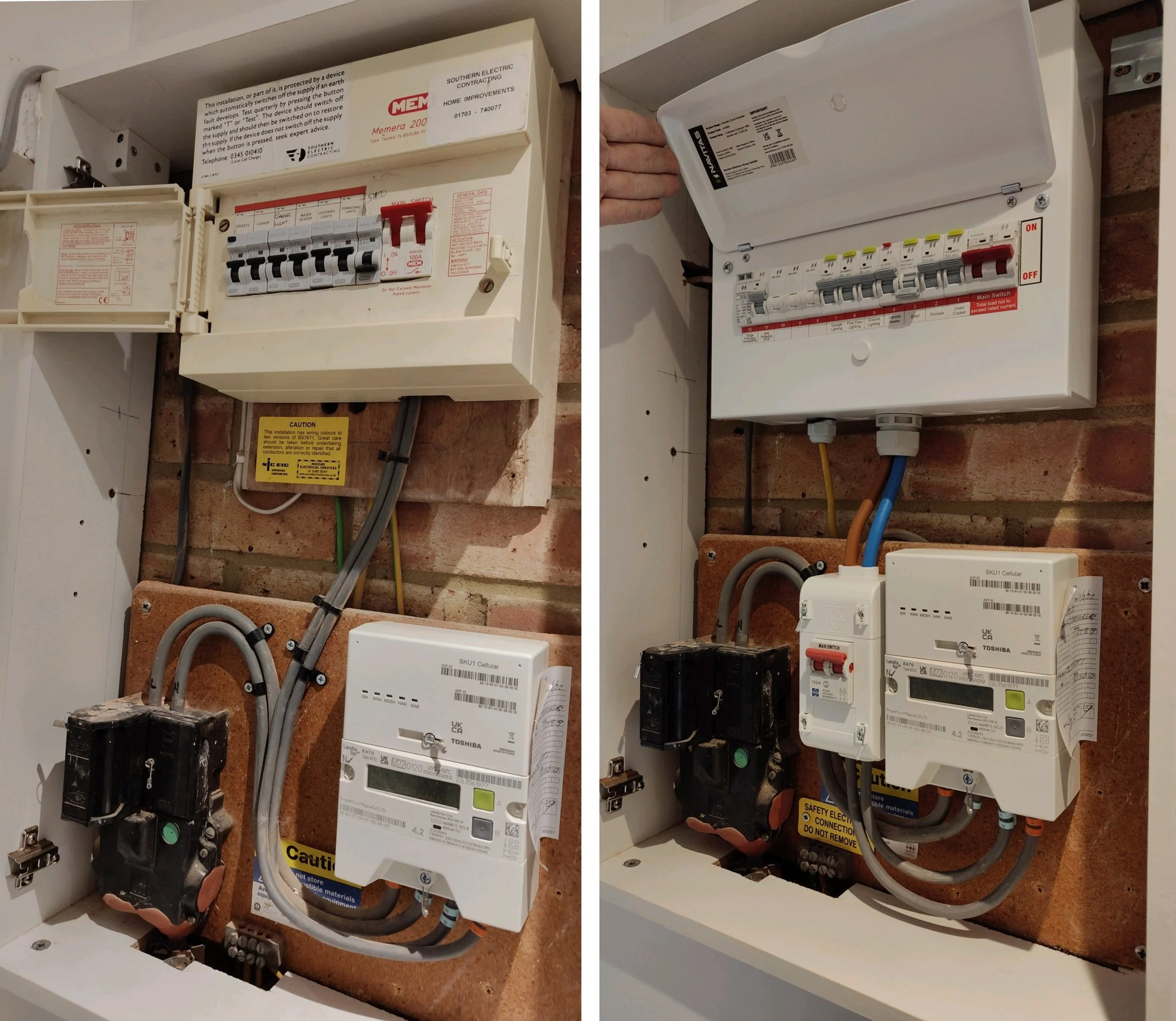 Close-up of an electrical panel and meter box, showing circuit breakers, wiring, and a digital meter, mounted on a brick wall.
