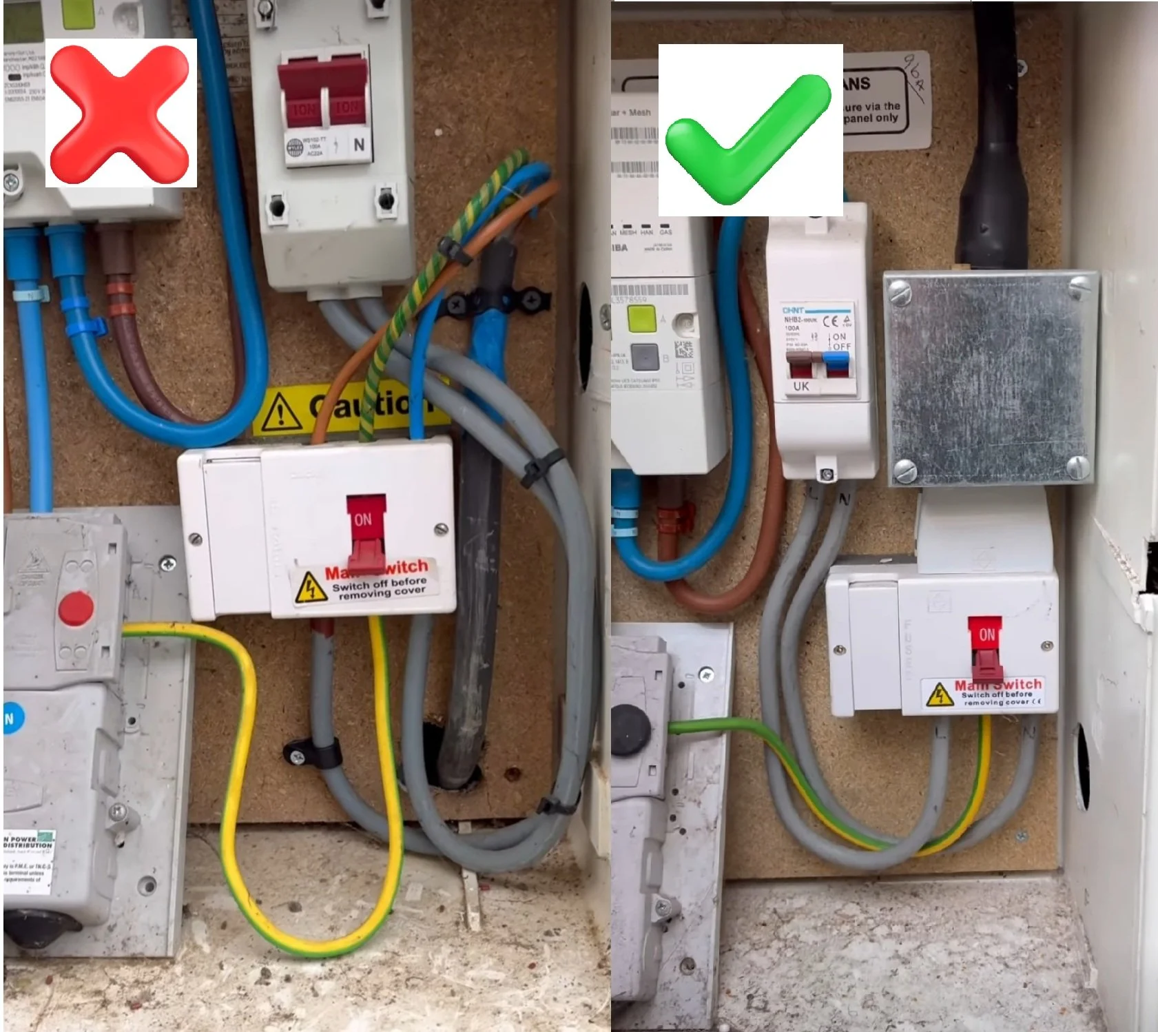 Comparison of improperly and properly wired electrical panels, with a red X indicating incorrect wiring on the left and a green checkmark indicating correct wiring on the right.