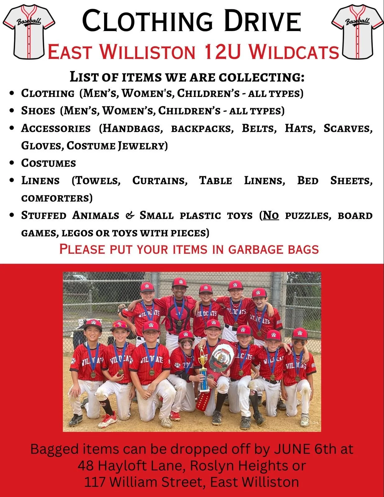 East Williston 12U Wildcats Clothing Drive!