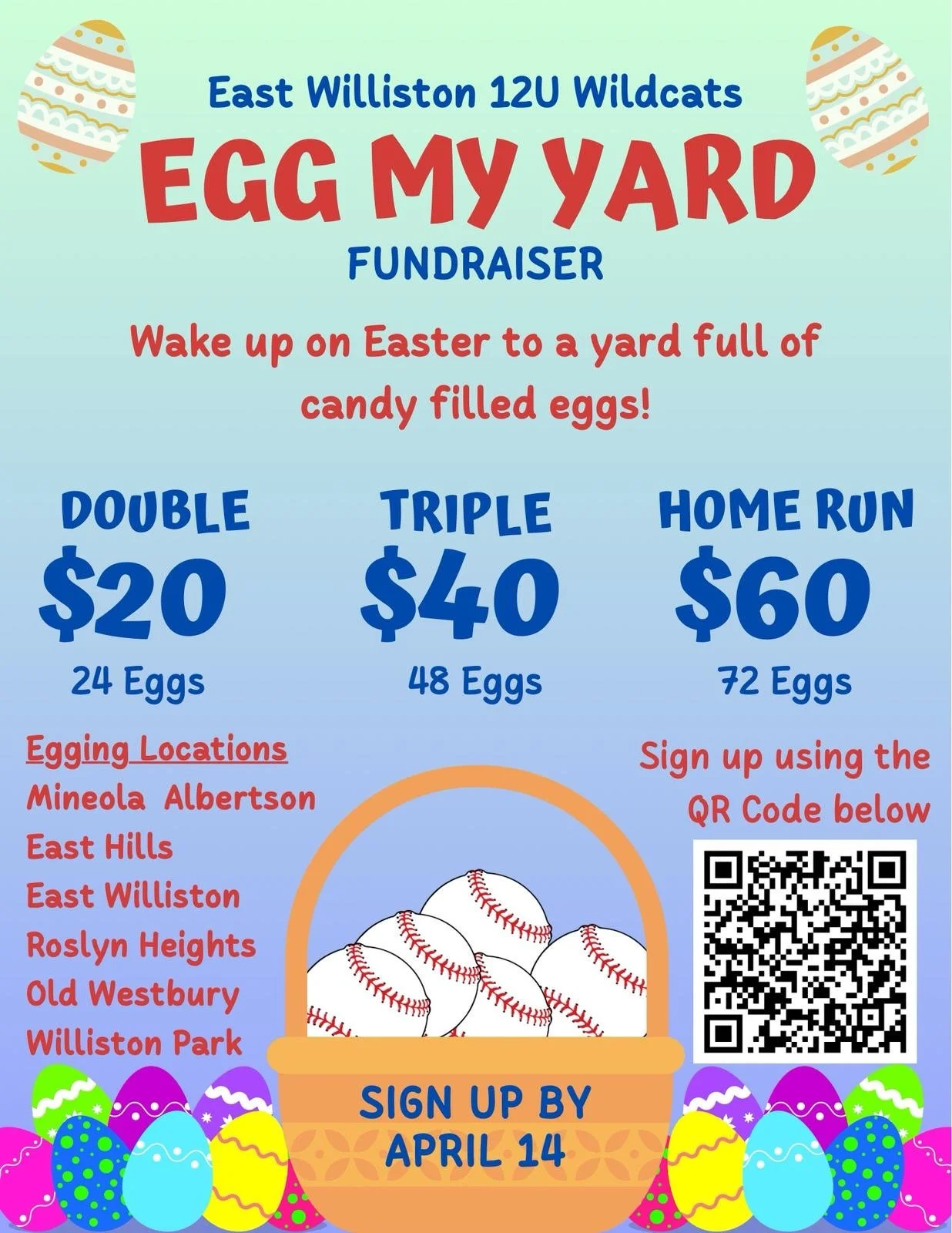 EGG MY YARD – East Williston 12U Wildcats Fundraiser! 🐣🥚🌸🐰