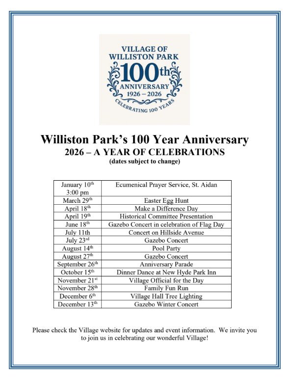 Williston Park Unveils Yearlong Centennial Celebration Schedule