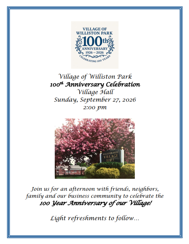 Williston Park to Celebrate 100th Anniversary              at Village Hall