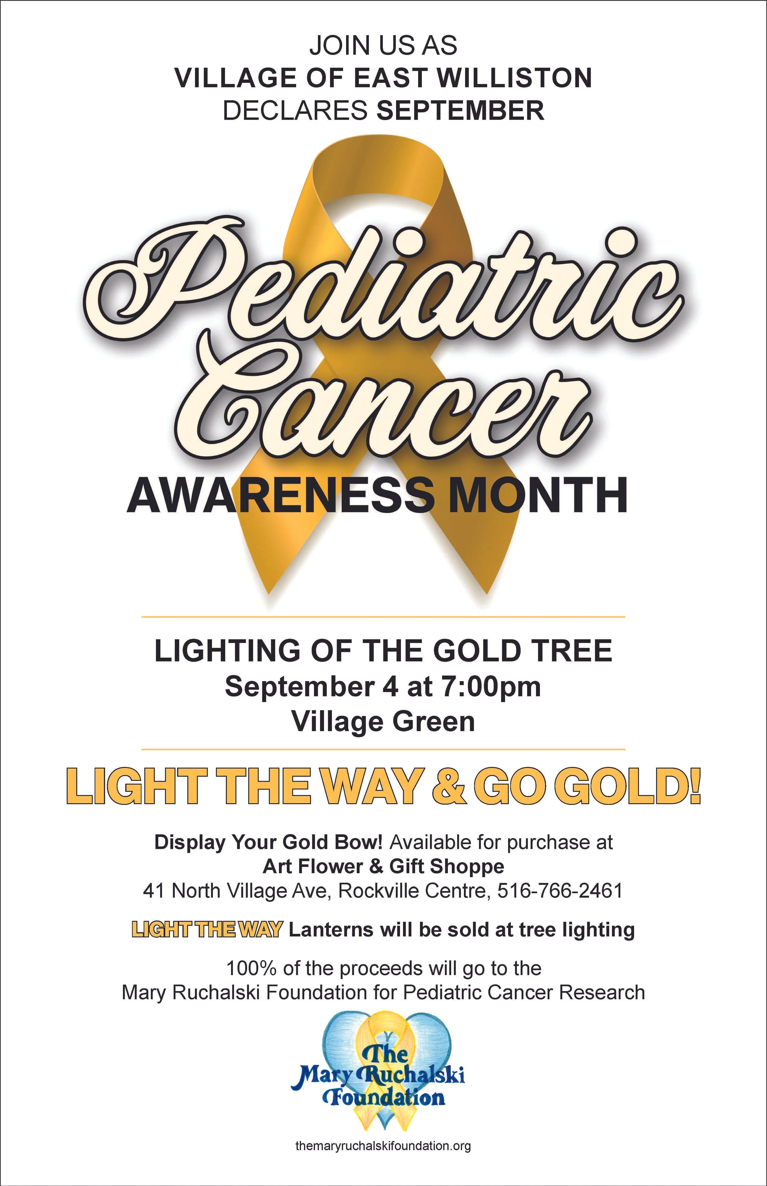 East Williston to Light Gold Tree for Pediatric Cancer Awareness Month